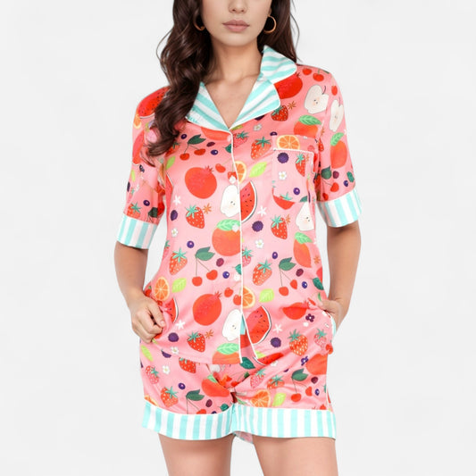 Anna-Kaci Women's Colorful Fruit Print Pajama Set with Short Sleeve Button-Up Top and Striped Trim Shorts