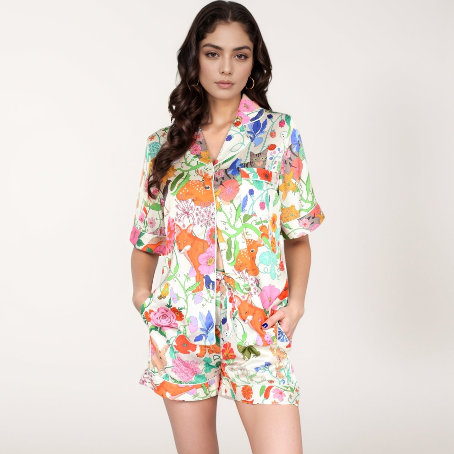 Anna-Kaci Lounge Women's Short Sleeve Button Front Satin Pajama Set with Woodland Print Design