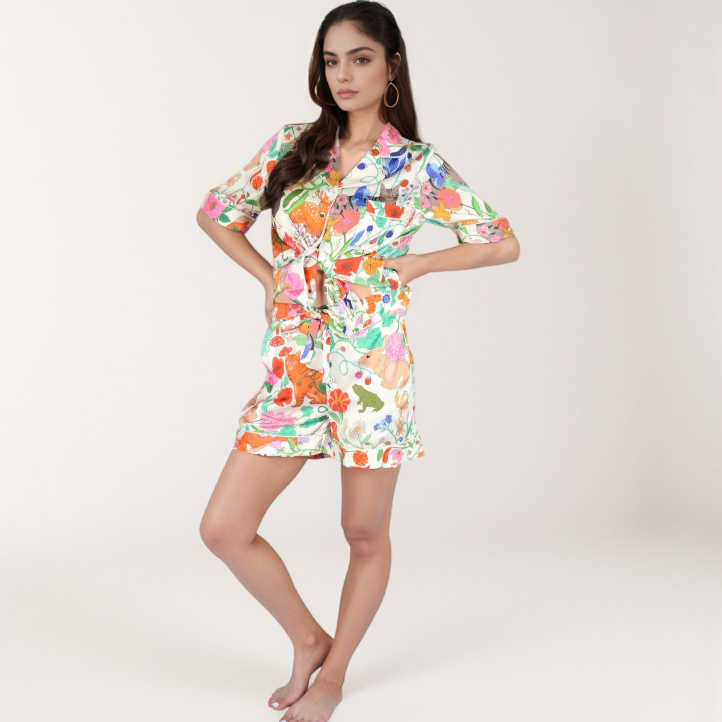 Anna-Kaci Lounge Women's Short Sleeve Button Front Satin Pajama Set with Woodland Print Design