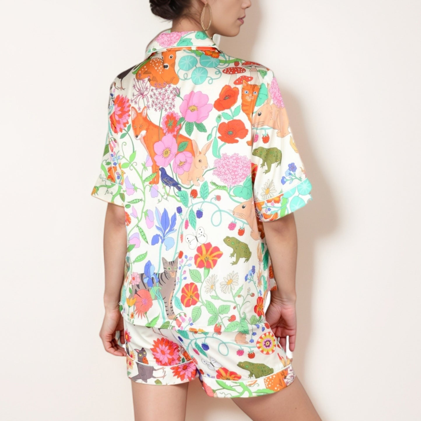 Anna-Kaci Lounge Women's Short Sleeve Button Front Satin Pajama Set with Woodland Print Design