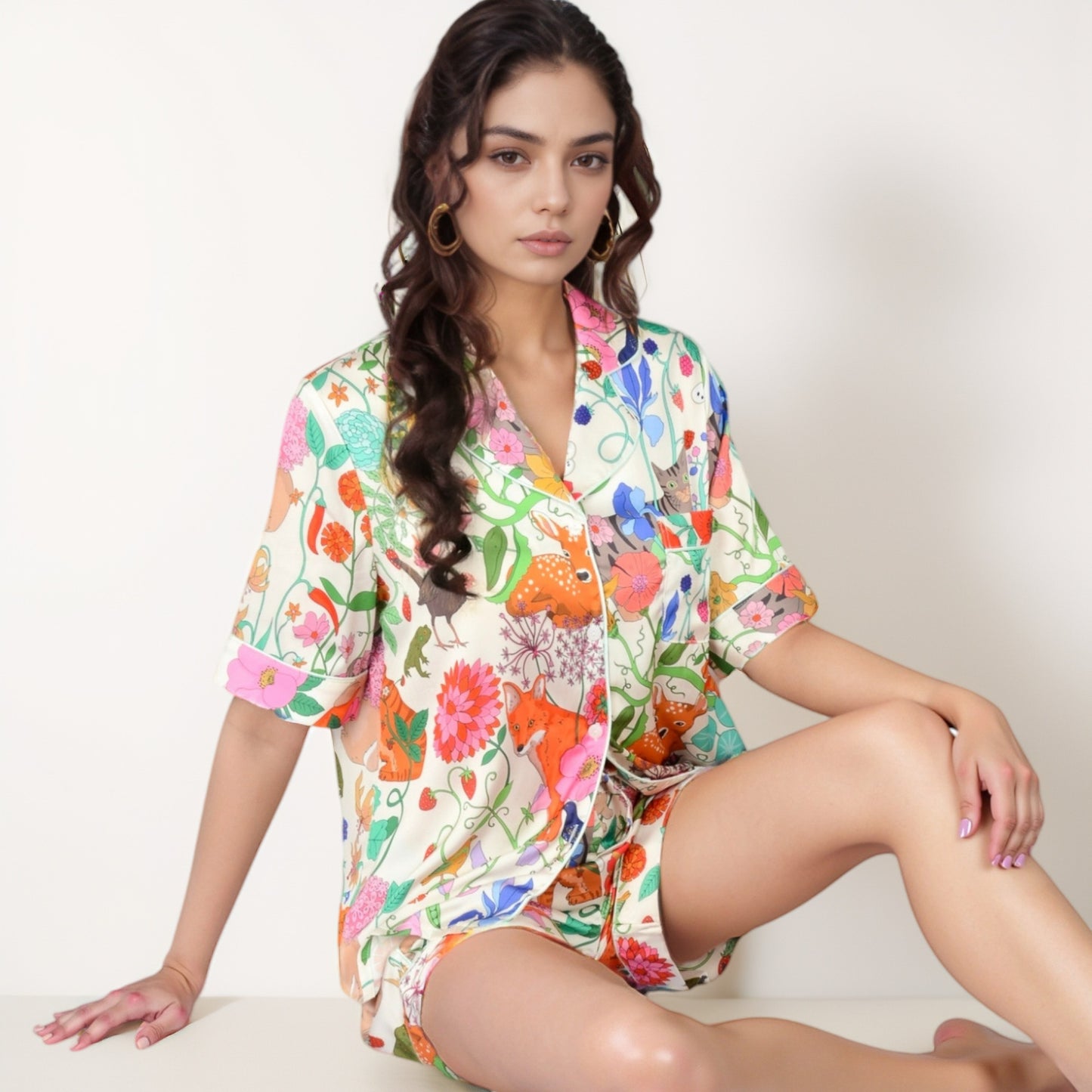 Anna-Kaci Lounge Women's Short Sleeve Button Front Satin Pajama Set with Woodland Print Design