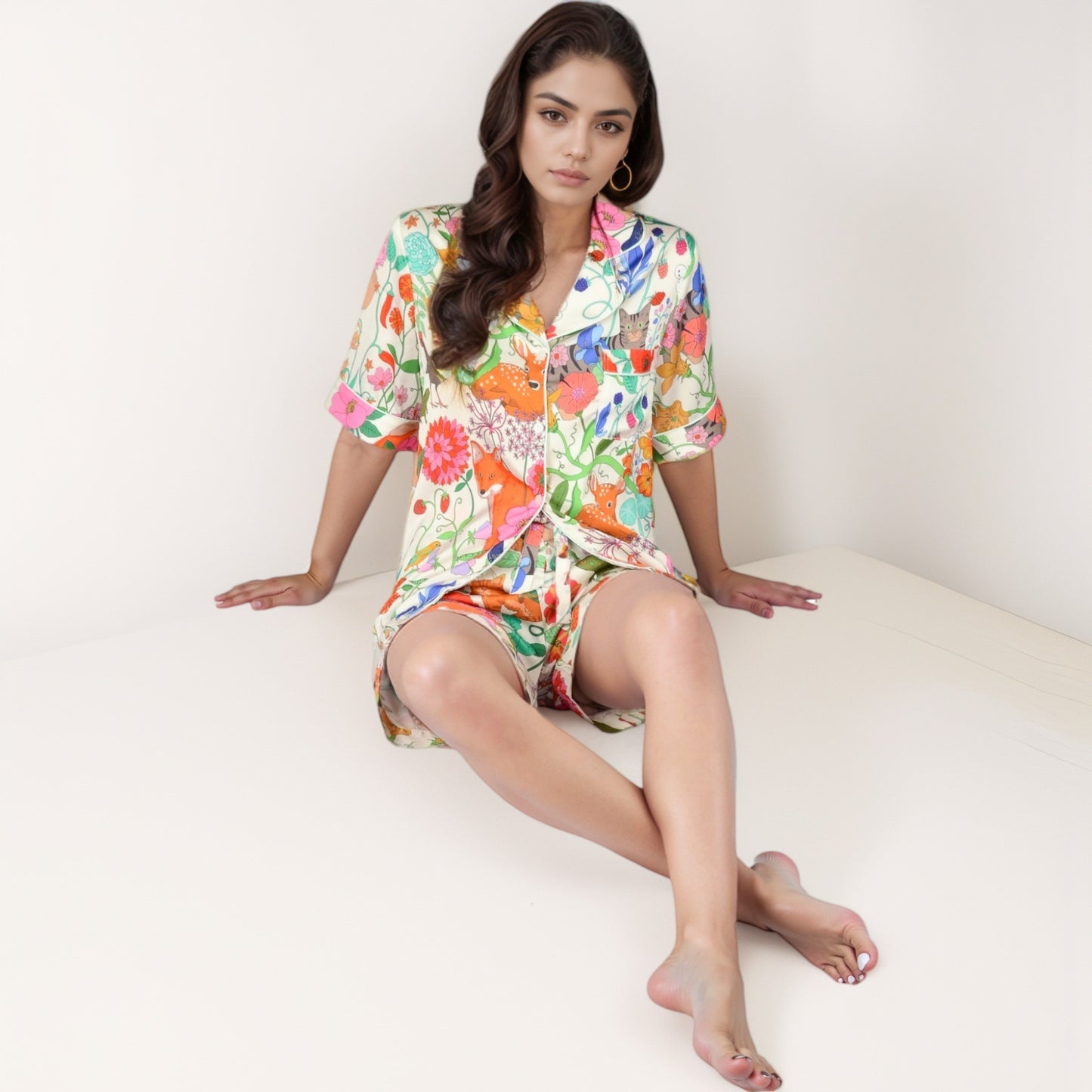 Anna-Kaci Lounge Women's Short Sleeve Button Front Satin Pajama Set with Woodland Print Design
