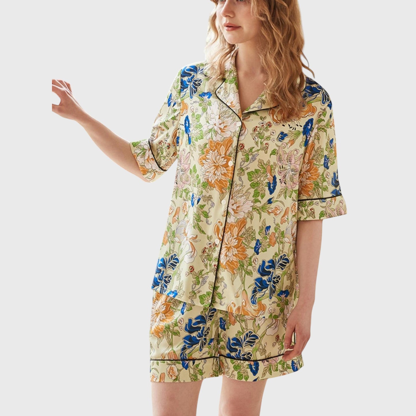 Anna-Kaci Lounge Women's Short Sleeve Button Front Satin Pajama Set with Floral Print Design