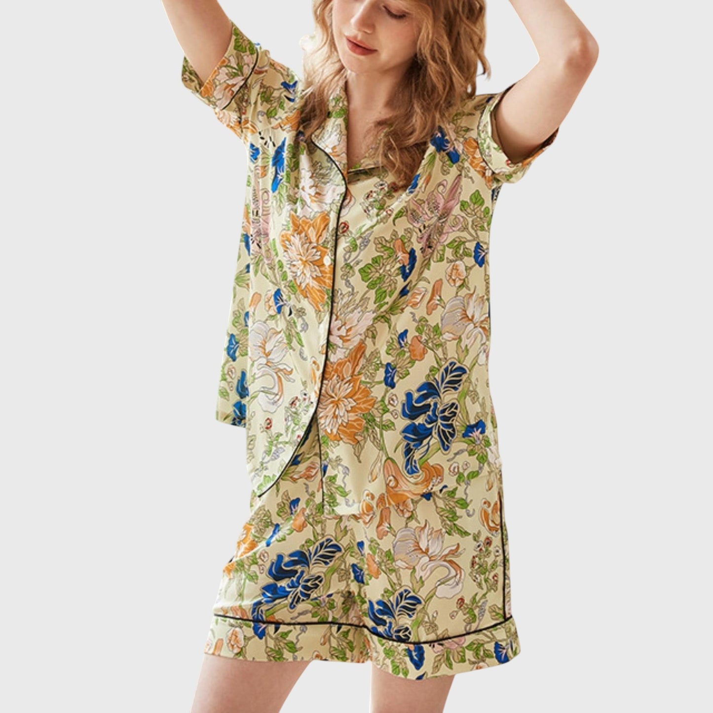 Anna-Kaci Lounge Women's Short Sleeve Button Front Satin Pajama Set with Floral Print Design