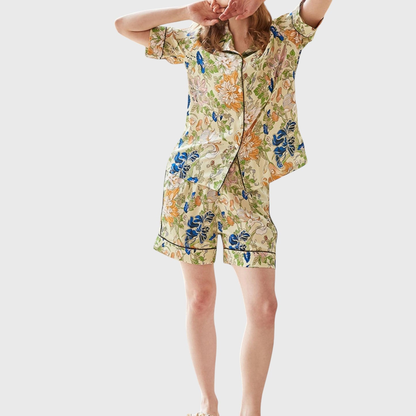 Anna-Kaci Lounge Women's Short Sleeve Button Front Satin Pajama Set with Floral Print Design