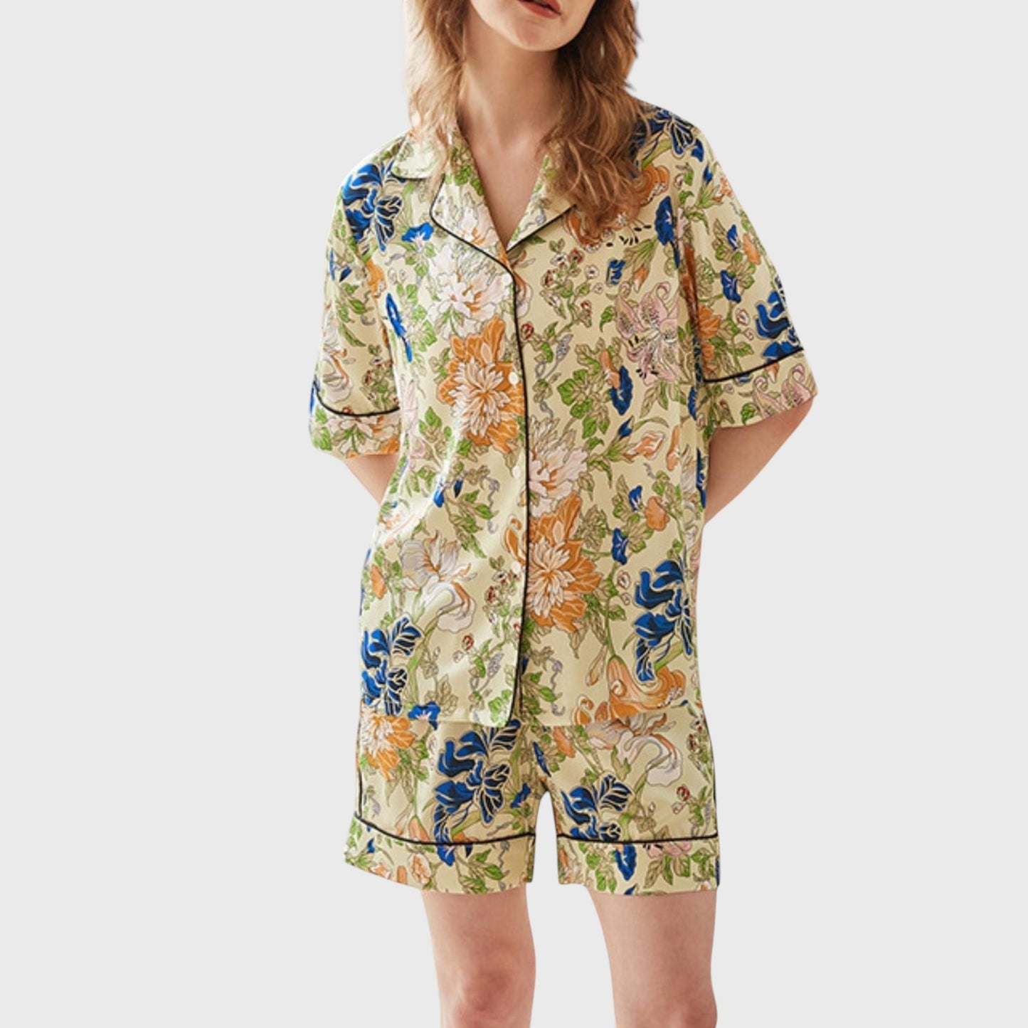 Anna-Kaci Lounge Women's Short Sleeve Button Front Satin Pajama Set with Floral Print Design