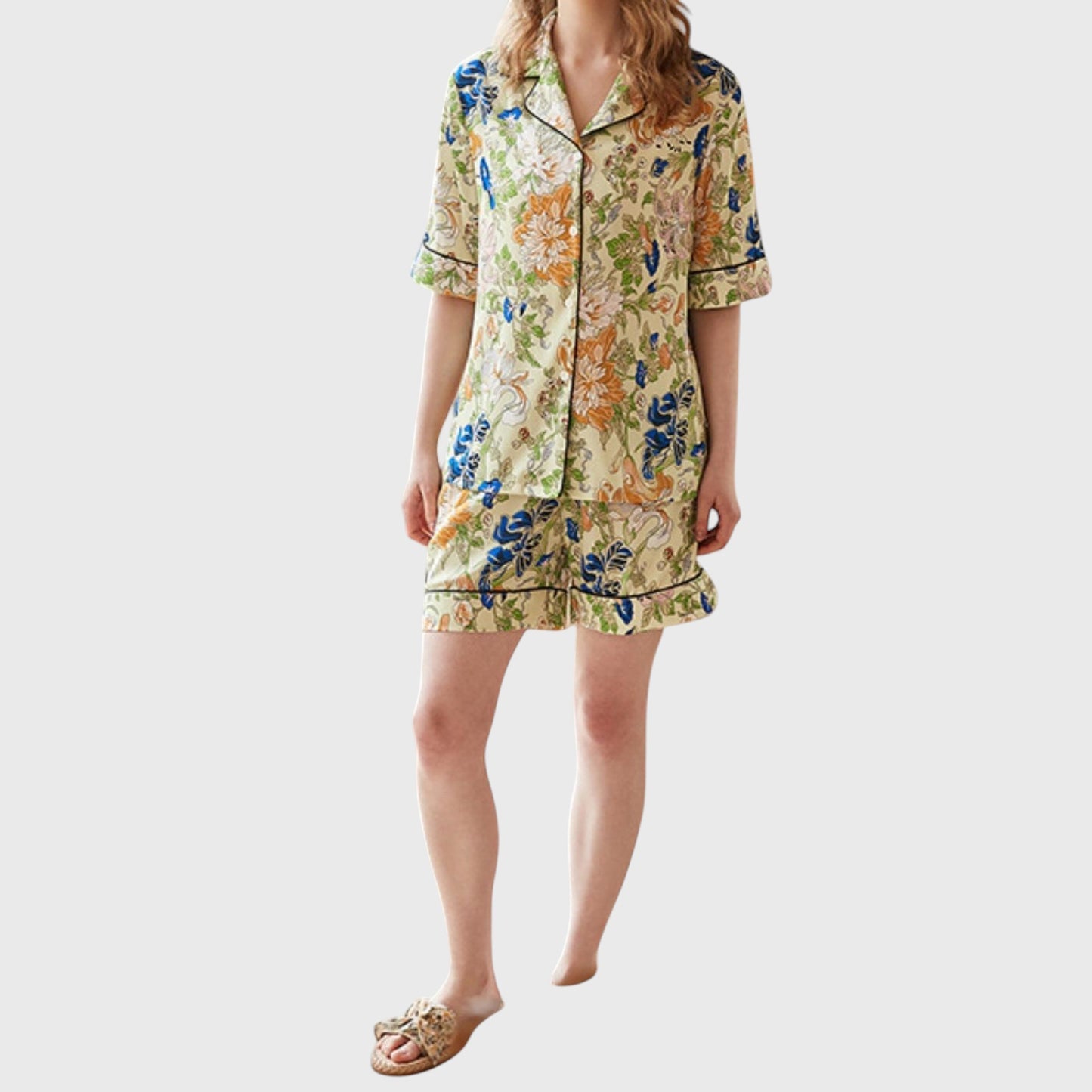 Anna-Kaci Lounge Women's Short Sleeve Button Front Satin Pajama Set with Floral Print Design