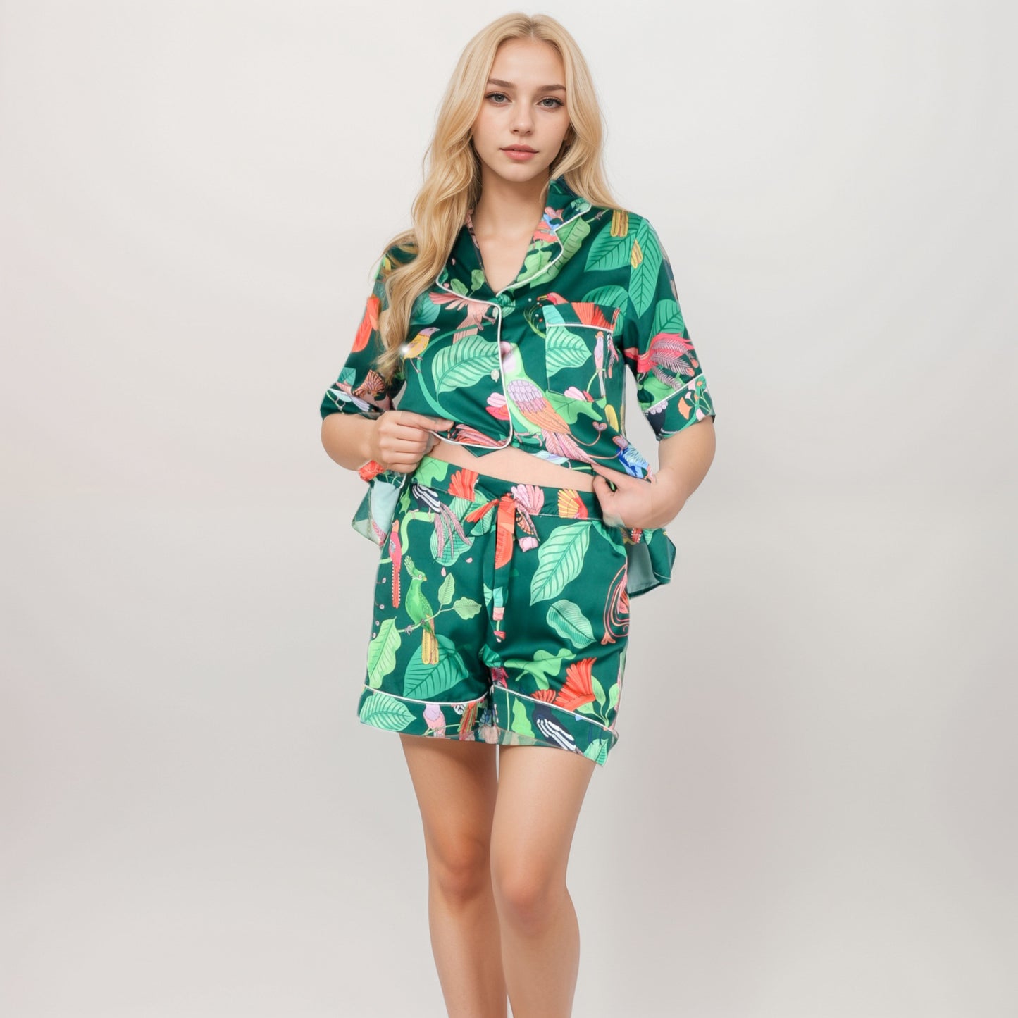 Anna-Kaci Women's Tropical Bird Print Satin Pajama Set with Short Sleeve Button-Up Top and Relaxed Fit Elastic Waist Shorts