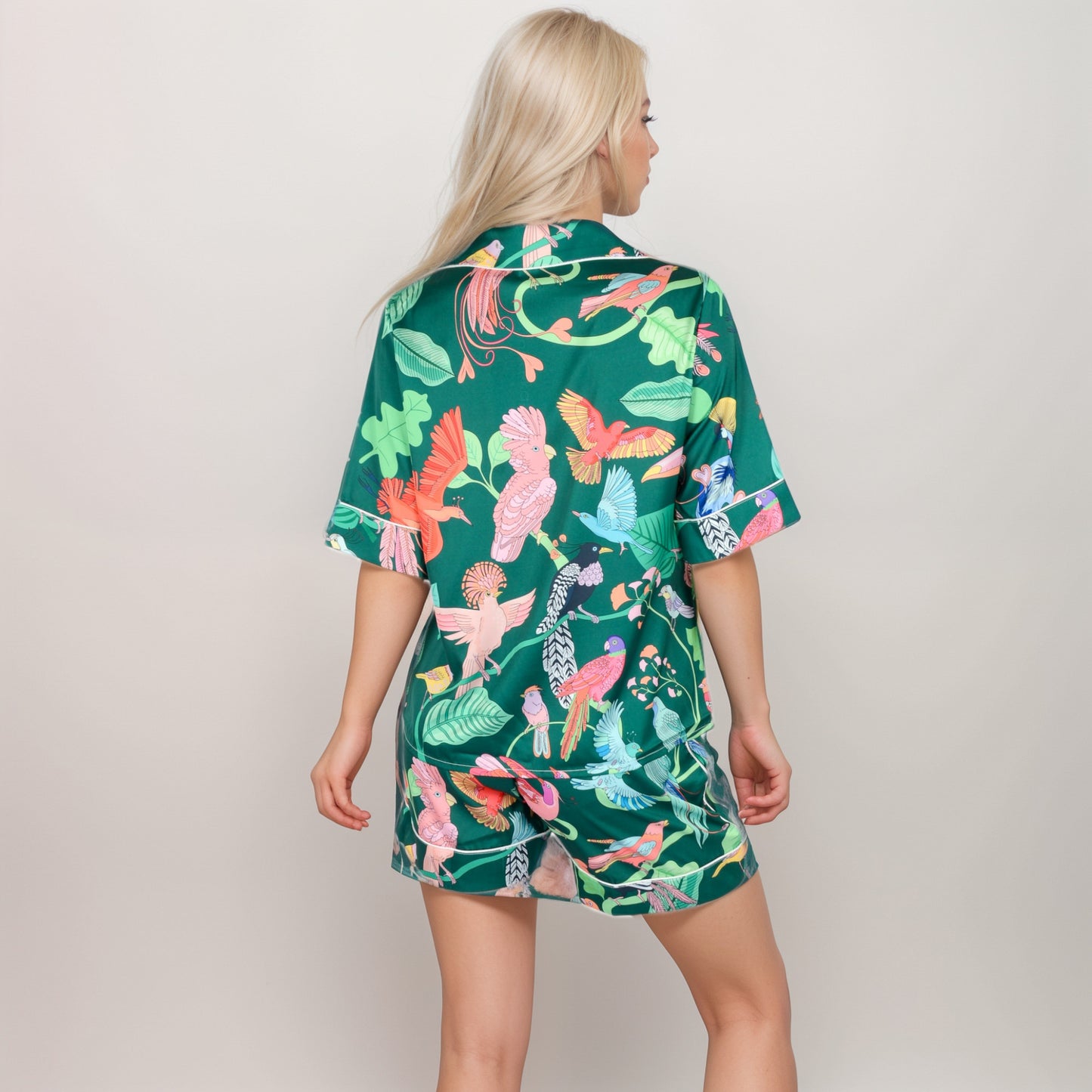 Anna-Kaci Women's Tropical Bird Print Satin Pajama Set with Short Sleeve Button-Up Top and Relaxed Fit Elastic Waist Shorts