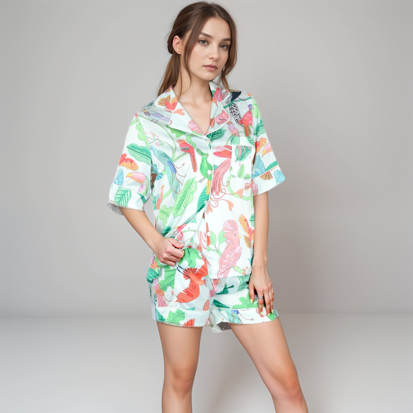 Anna-Kaci Women's Tropical Bird Print Satin Pajama Set with Short Sleeve Button-Up Top and Relaxed Fit Elastic Waist Shorts