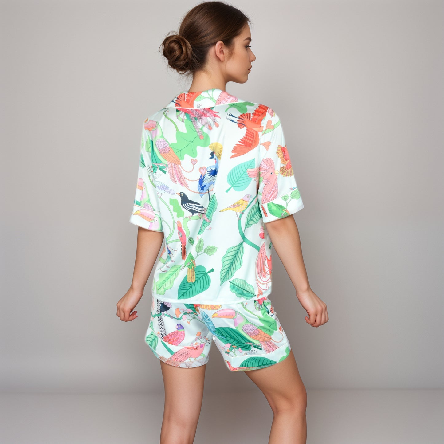 Anna-Kaci Women's Tropical Bird Print Satin Pajama Set with Short Sleeve Button-Up Top and Relaxed Fit Elastic Waist Shorts