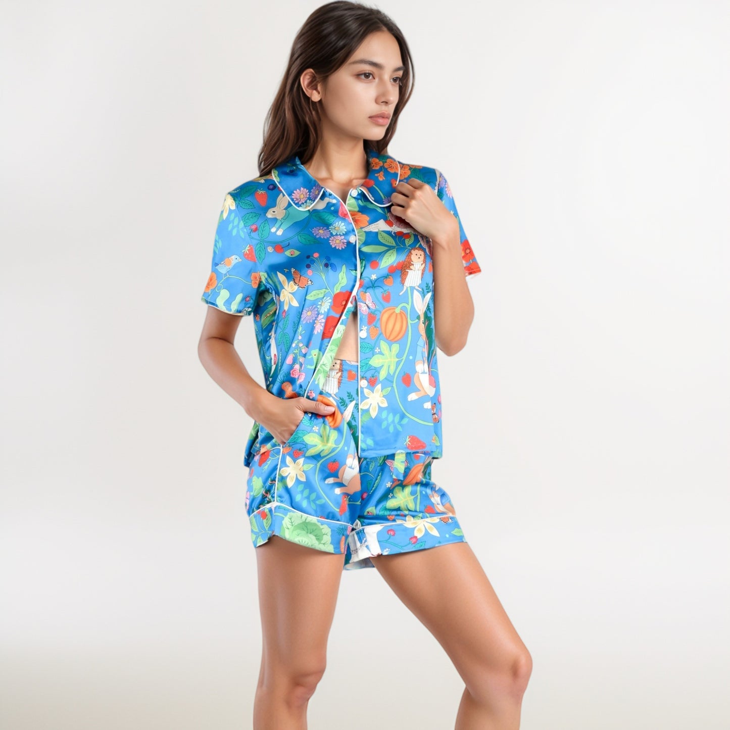 Anna-Kaci Women's Whimsical Garden Animal Print Pajama Set with Short Sleeve Button-Up Top and Matching Shorts