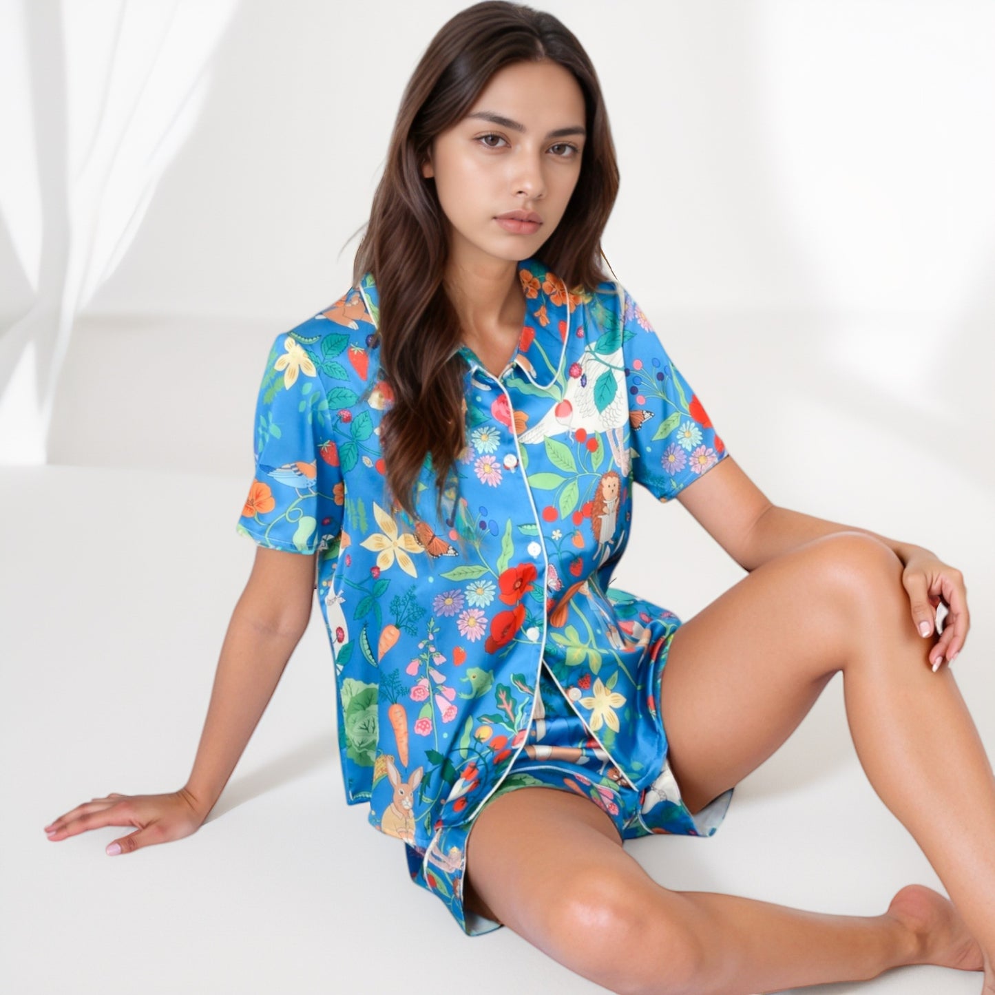 Anna-Kaci Women's Whimsical Garden Animal Print Pajama Set with Short Sleeve Button-Up Top and Matching Shorts