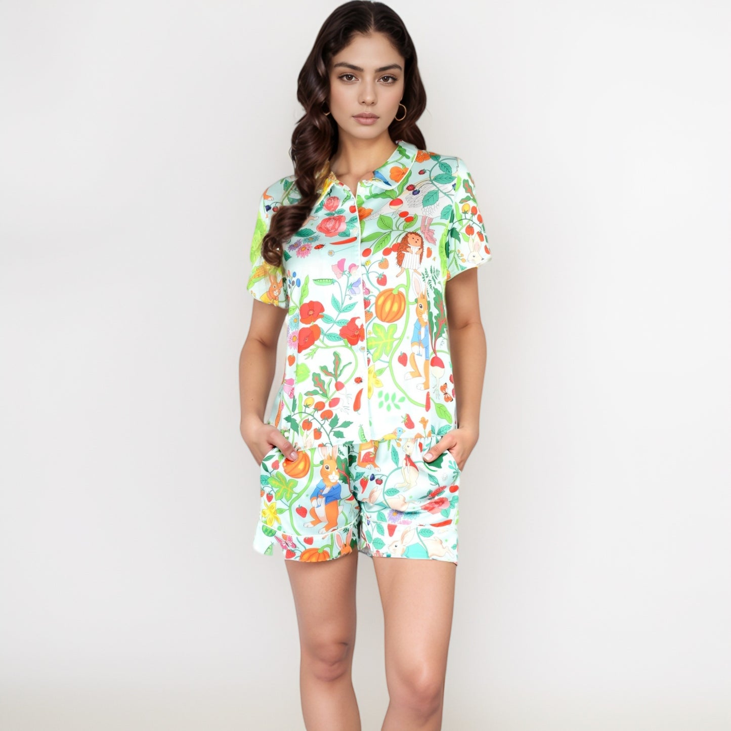 Anna-Kaci Women's Whimsical Garden Animal Print Pajama Set with Short Sleeve Button-Up Top and Matching Shorts