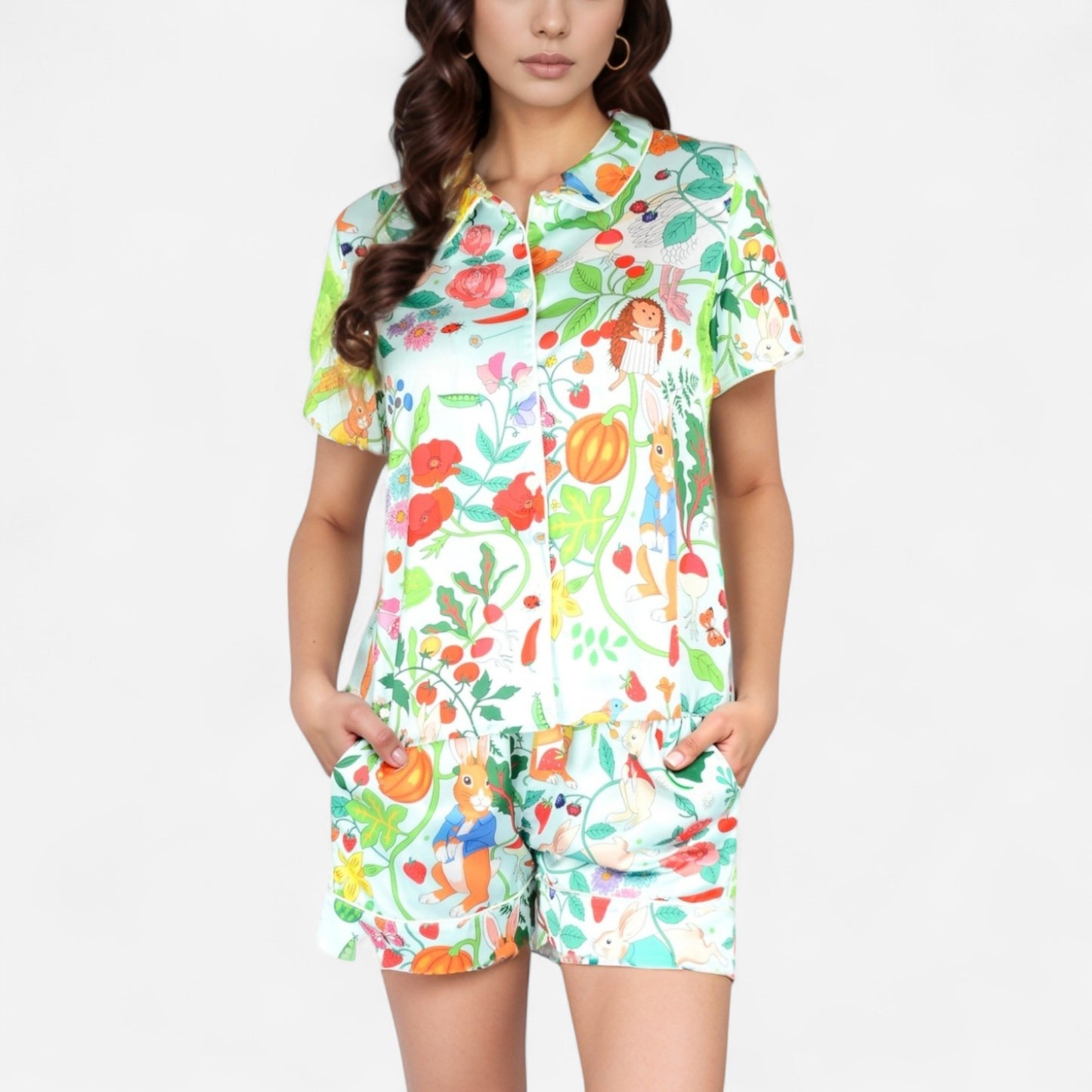 Anna-Kaci Women's Whimsical Garden Animal Print Pajama Set with Short Sleeve Button-Up Top and Matching Shorts