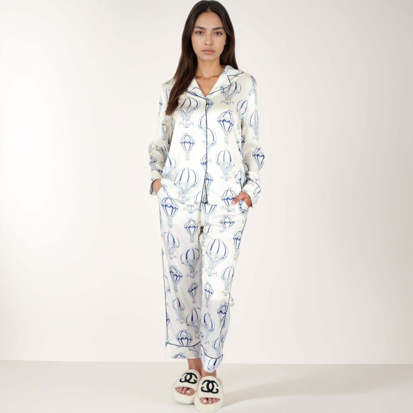 Anna-Kaci Lounge Women's Hot Air Balloon Print Pajama Set with Long Sleeve Button-Down Top and Cropped Pants