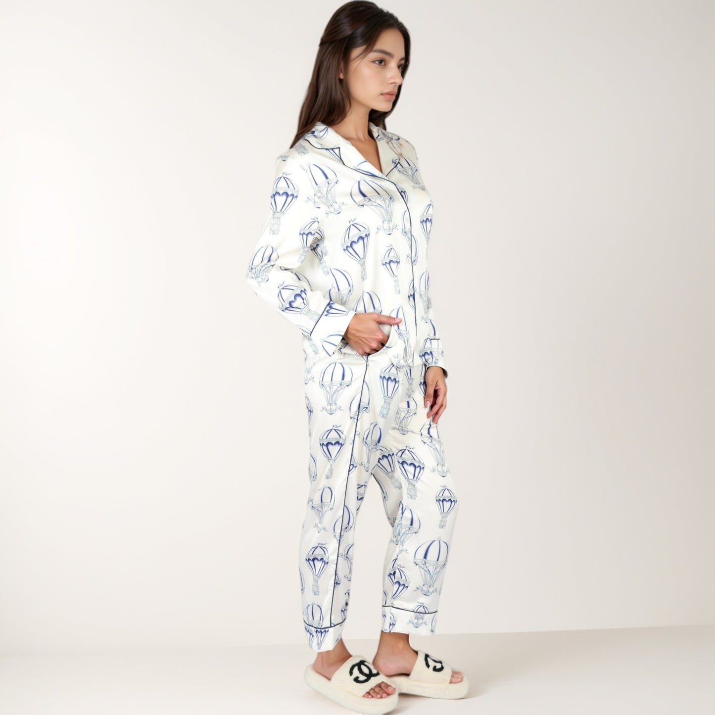 Anna-Kaci Lounge Women's Hot Air Balloon Print Pajama Set with Long Sleeve Button-Down Top and Cropped Pants