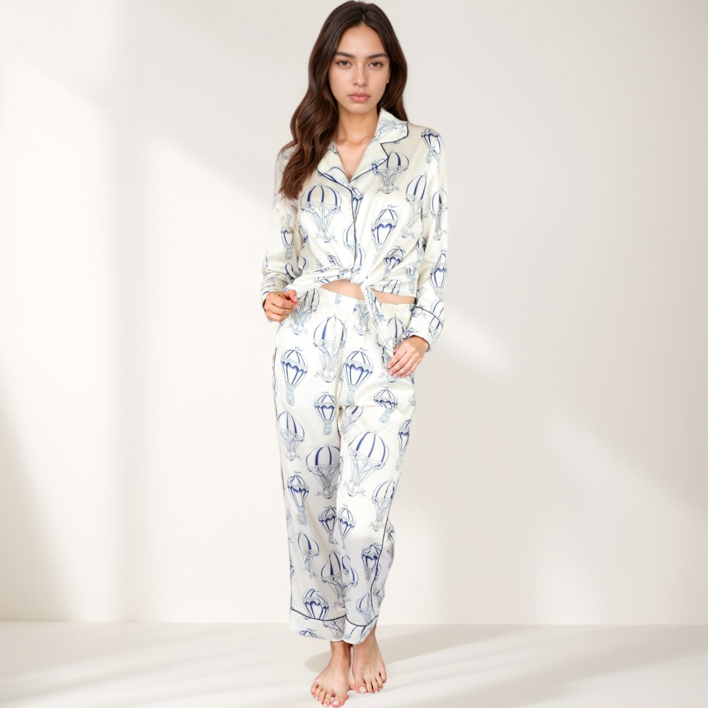Anna-Kaci Lounge Women's Hot Air Balloon Print Pajama Set with Long Sleeve Button-Down Top and Cropped Pants