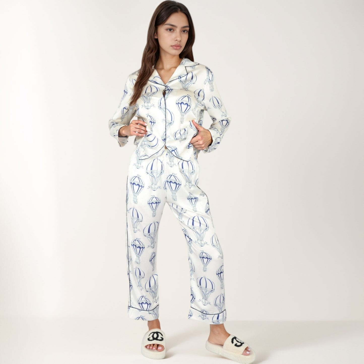 Anna-Kaci Lounge Women's Hot Air Balloon Print Pajama Set with Long Sleeve Button-Down Top and Cropped Pants