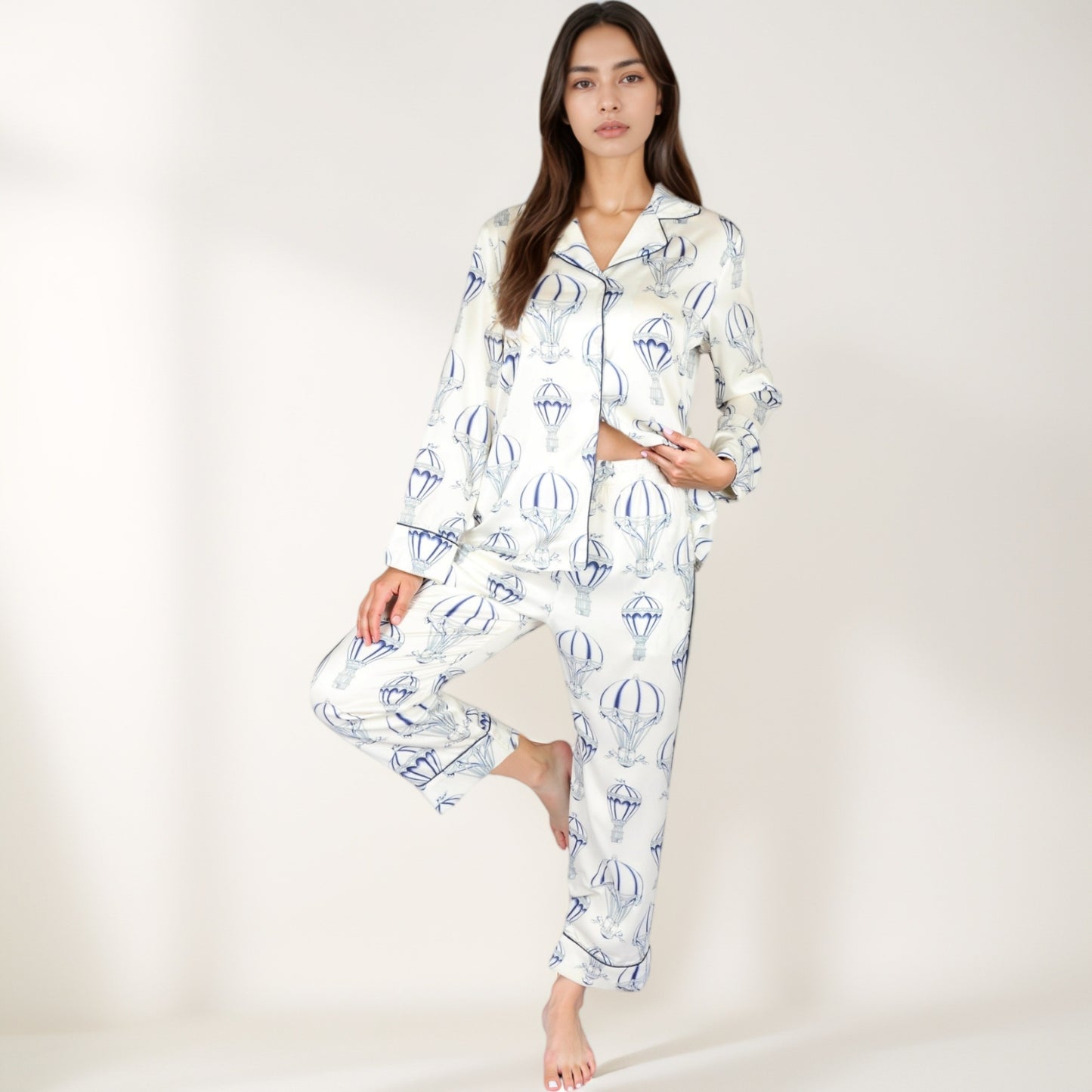 Anna-Kaci Lounge Women's Hot Air Balloon Print Pajama Set with Long Sleeve Button-Down Top and Cropped Pants