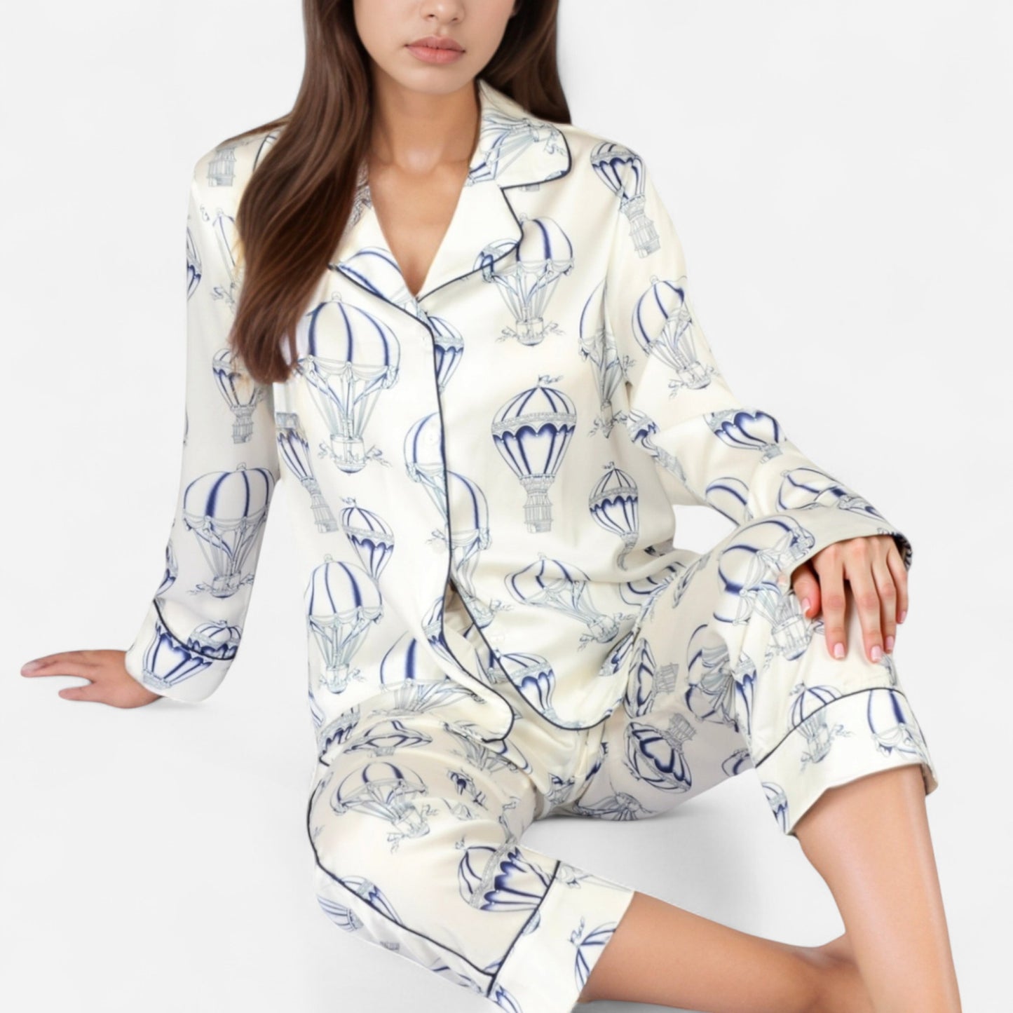 Anna-Kaci Lounge Women's Hot Air Balloon Print Pajama Set with Long Sleeve Button-Down Top and Cropped Pants