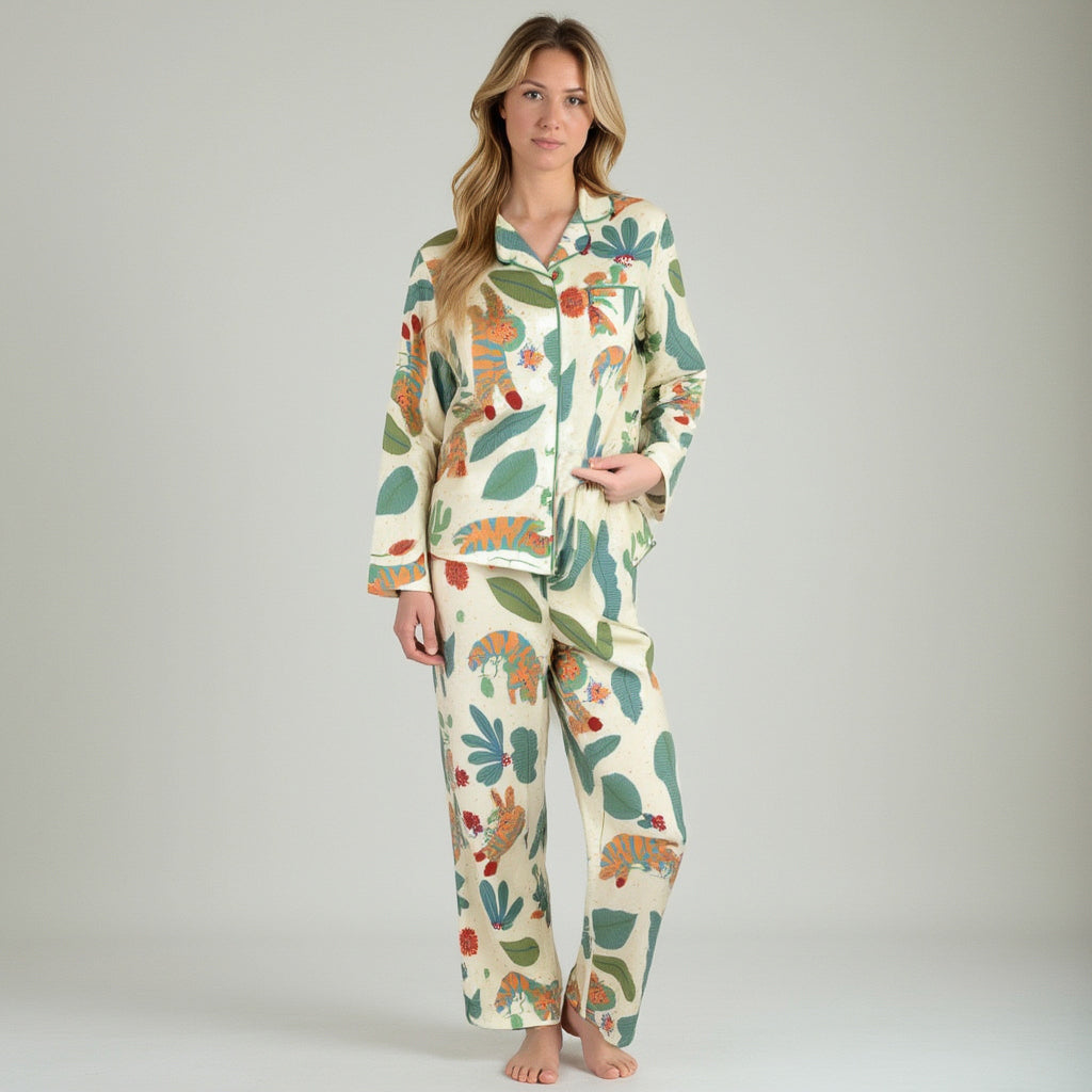 Anna-Kaci Lounge Women's Long Sleeve Button-Up Jungle Print Pajama Set with Chest Pocket and Matching Pants