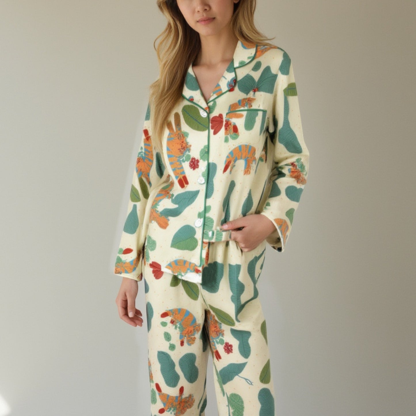 Anna-Kaci Lounge Women's Long Sleeve Button-Up Jungle Print Pajama Set with Chest Pocket and Matching Pants