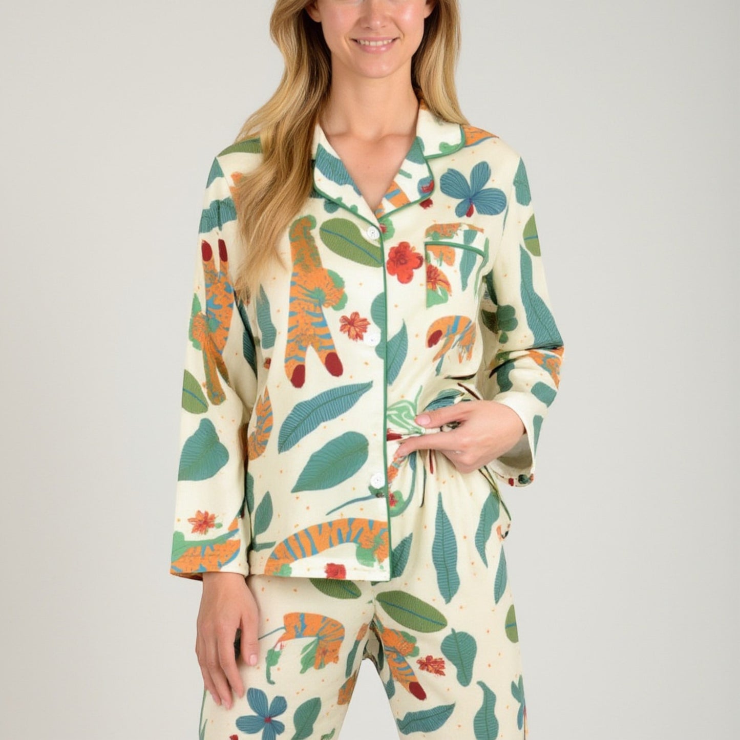 Anna-Kaci Lounge Women's Long Sleeve Button-Up Jungle Print Pajama Set with Chest Pocket and Matching Pants