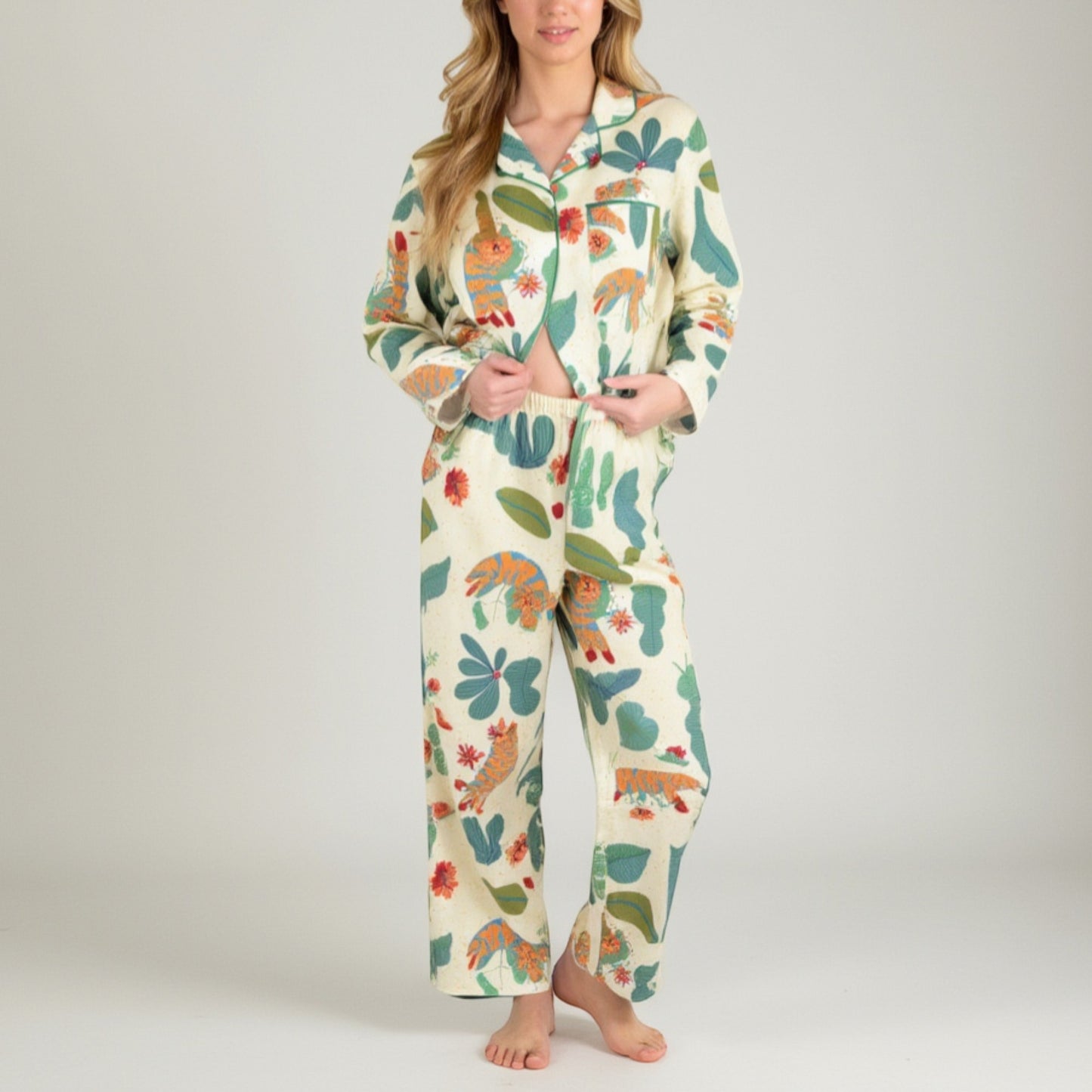 Anna-Kaci Lounge Women's Long Sleeve Button-Up Jungle Print Pajama Set with Chest Pocket and Matching Pants