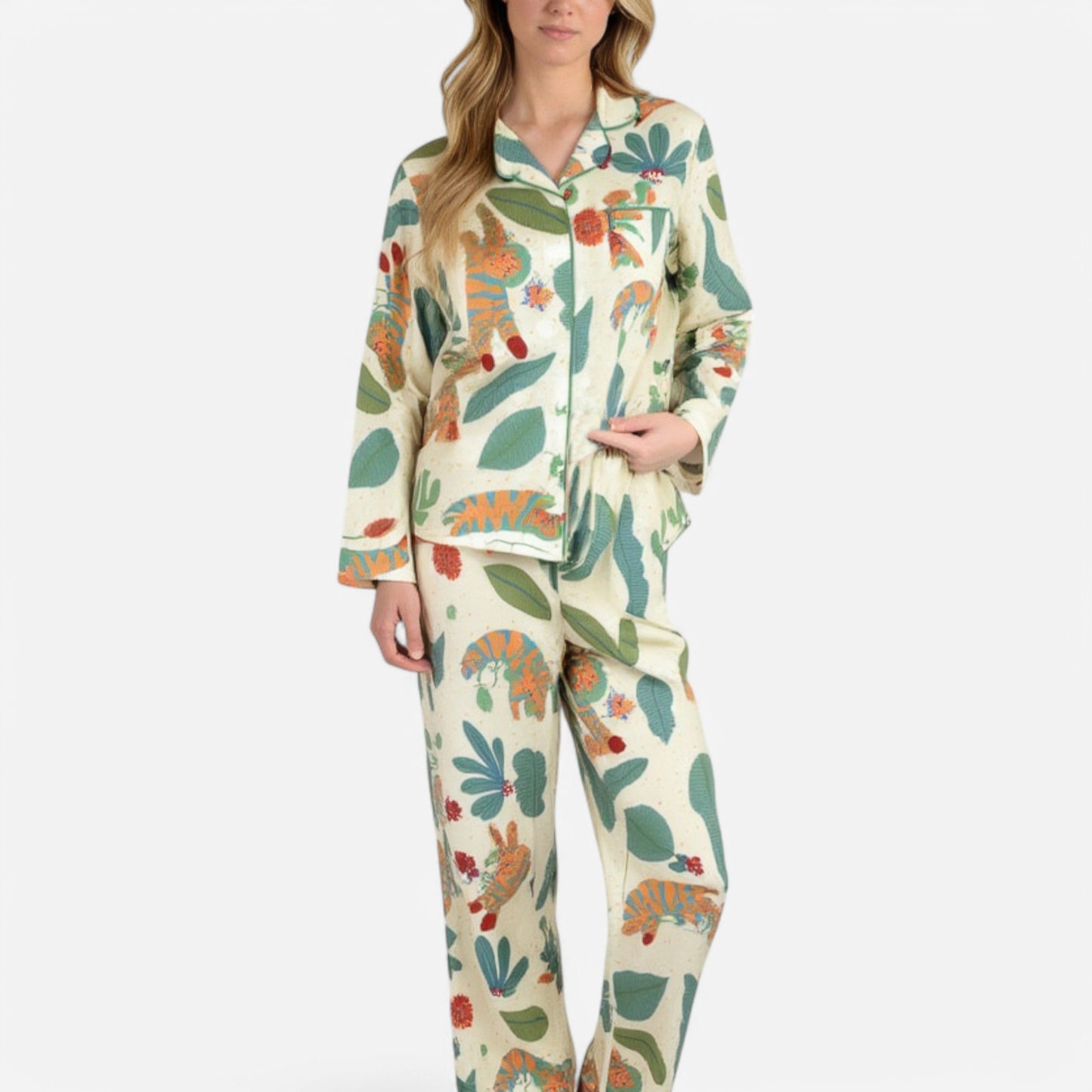 Anna-Kaci Lounge Women's Long Sleeve Button-Up Jungle Print Pajama Set with Chest Pocket and Matching Pants