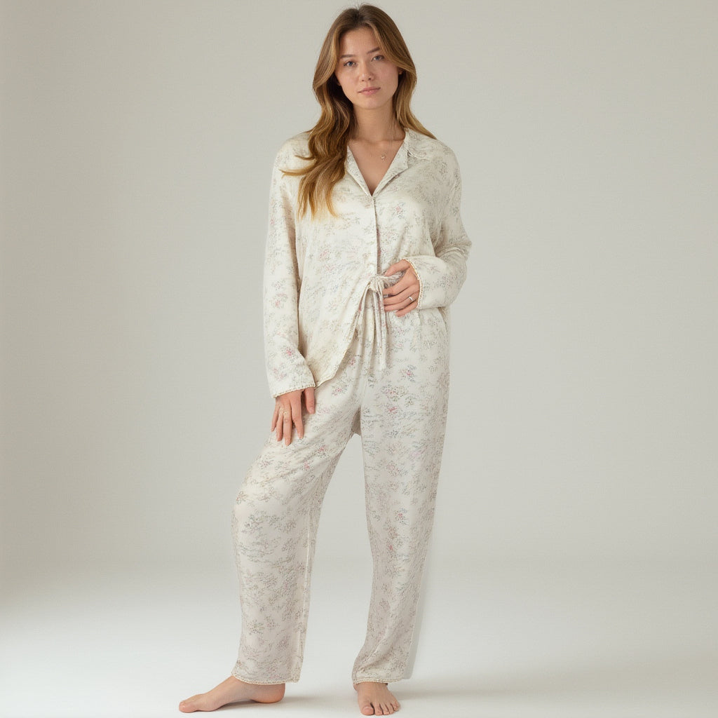 Anna-Kaci Lounge Women's Soft Brushed Pajama Set with Subtle Floral Print Long Sleeve Button-Up Top and Drawstring Pants