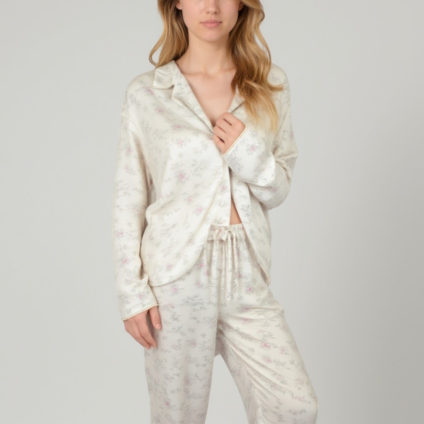 Anna-Kaci Lounge Women's Soft Brushed Pajama Set with Subtle Floral Print Long Sleeve Button-Up Top and Drawstring Pants