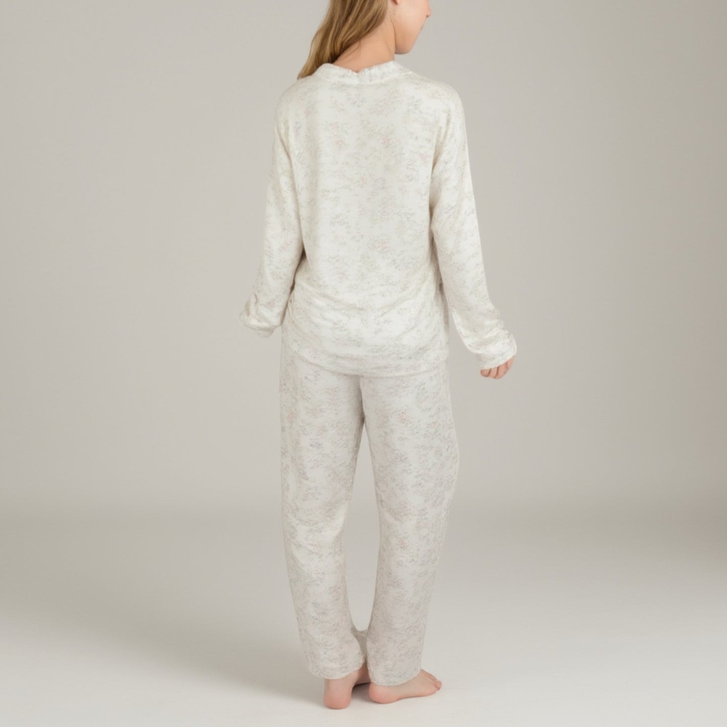Anna-Kaci Lounge Women's Soft Brushed Pajama Set with Subtle Floral Print Long Sleeve Button-Up Top and Drawstring Pants