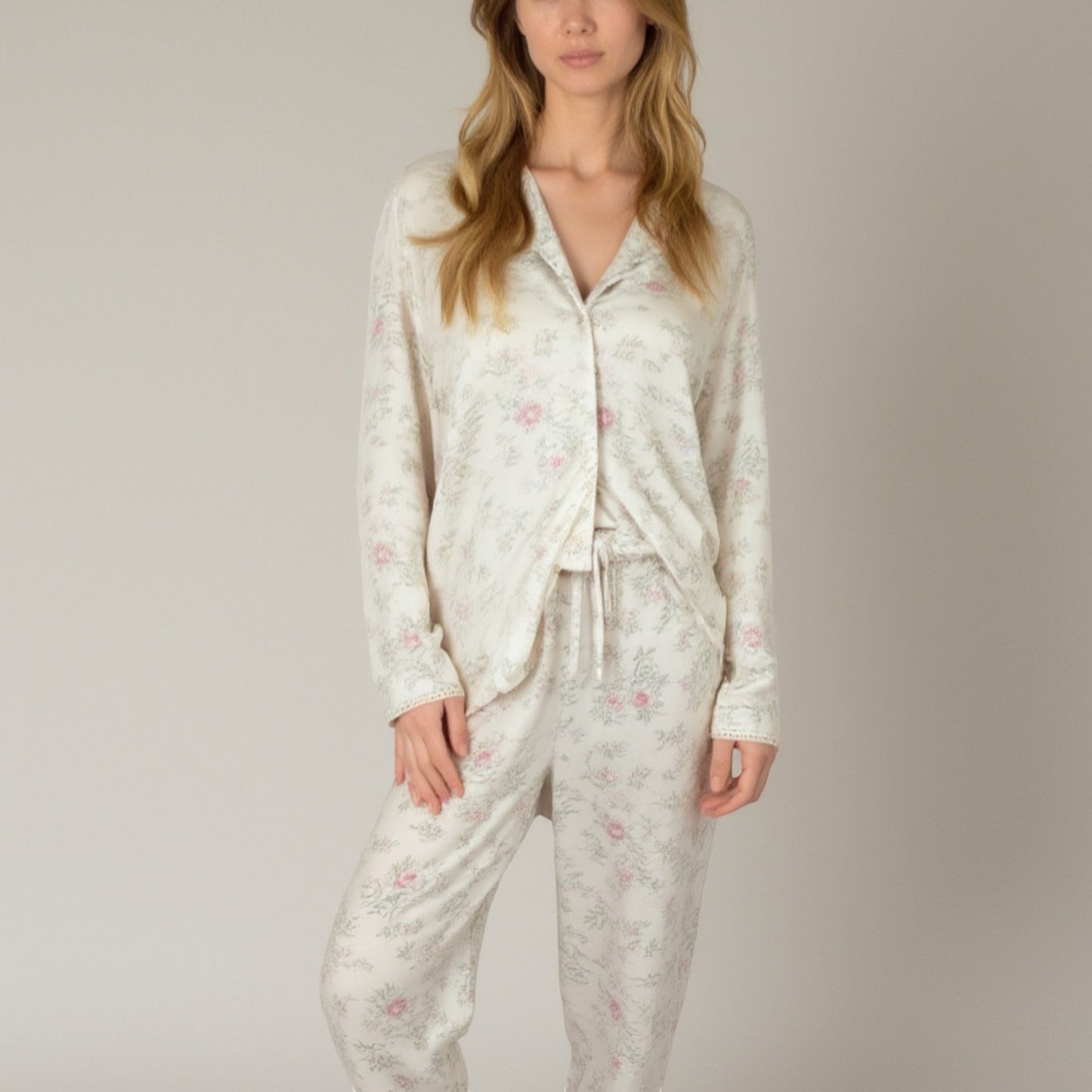 Anna-Kaci Lounge Women's Soft Brushed Pajama Set with Subtle Floral Print Long Sleeve Button-Up Top and Drawstring Pants