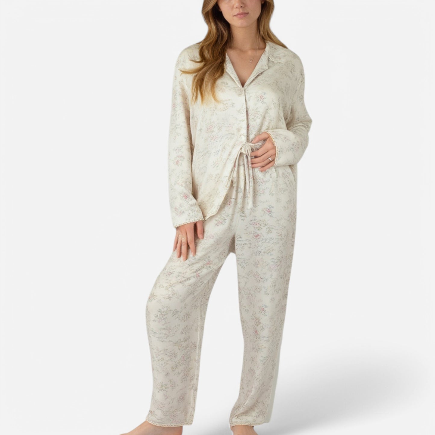 Anna-Kaci Lounge Women's Soft Brushed Pajama Set with Subtle Floral Print Long Sleeve Button-Up Top and Drawstring Pants