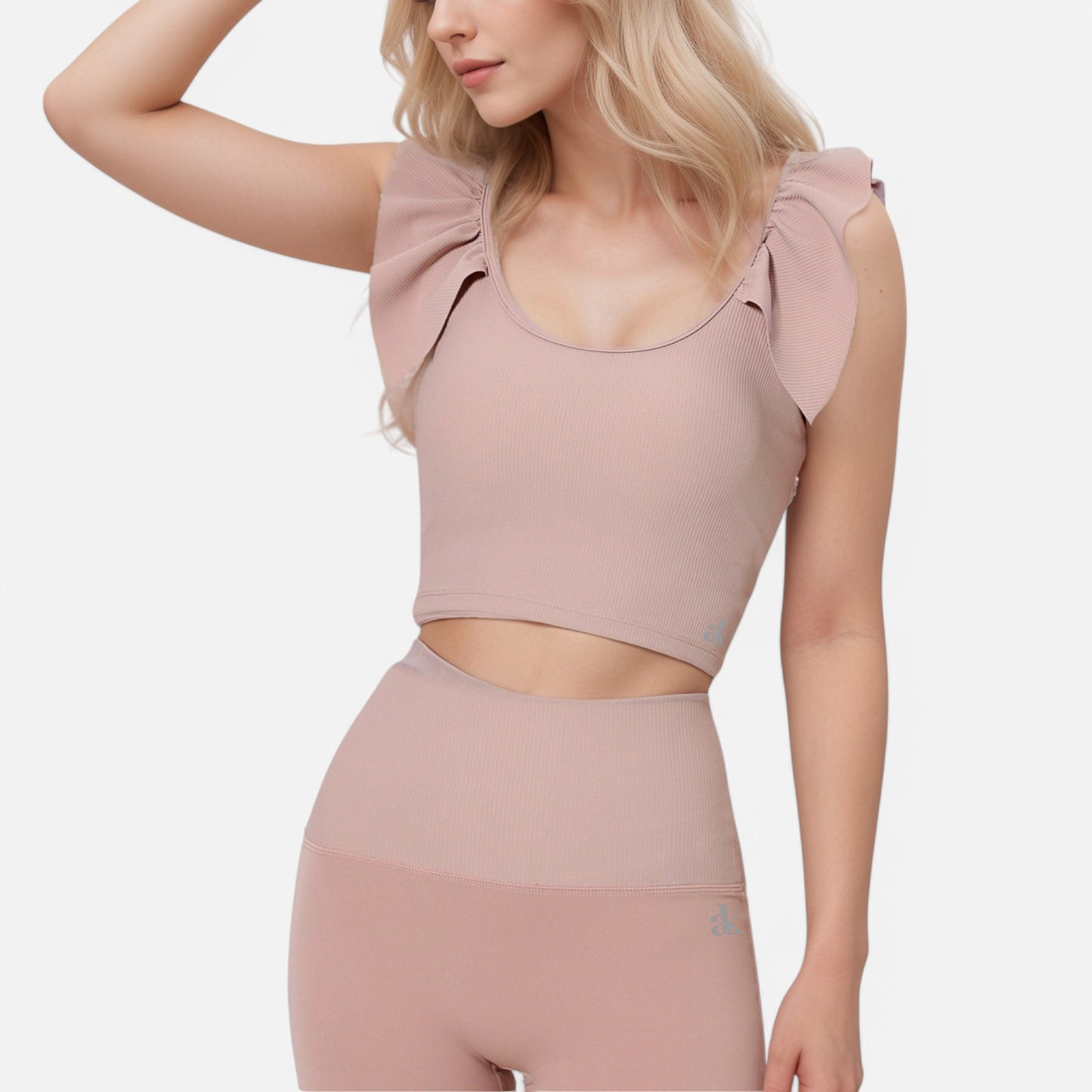 Anna-Kaci Active Women's Ribbed Scoop Neck Crop Top with Flutter Shoulder Details and Seamless Fitted Design
