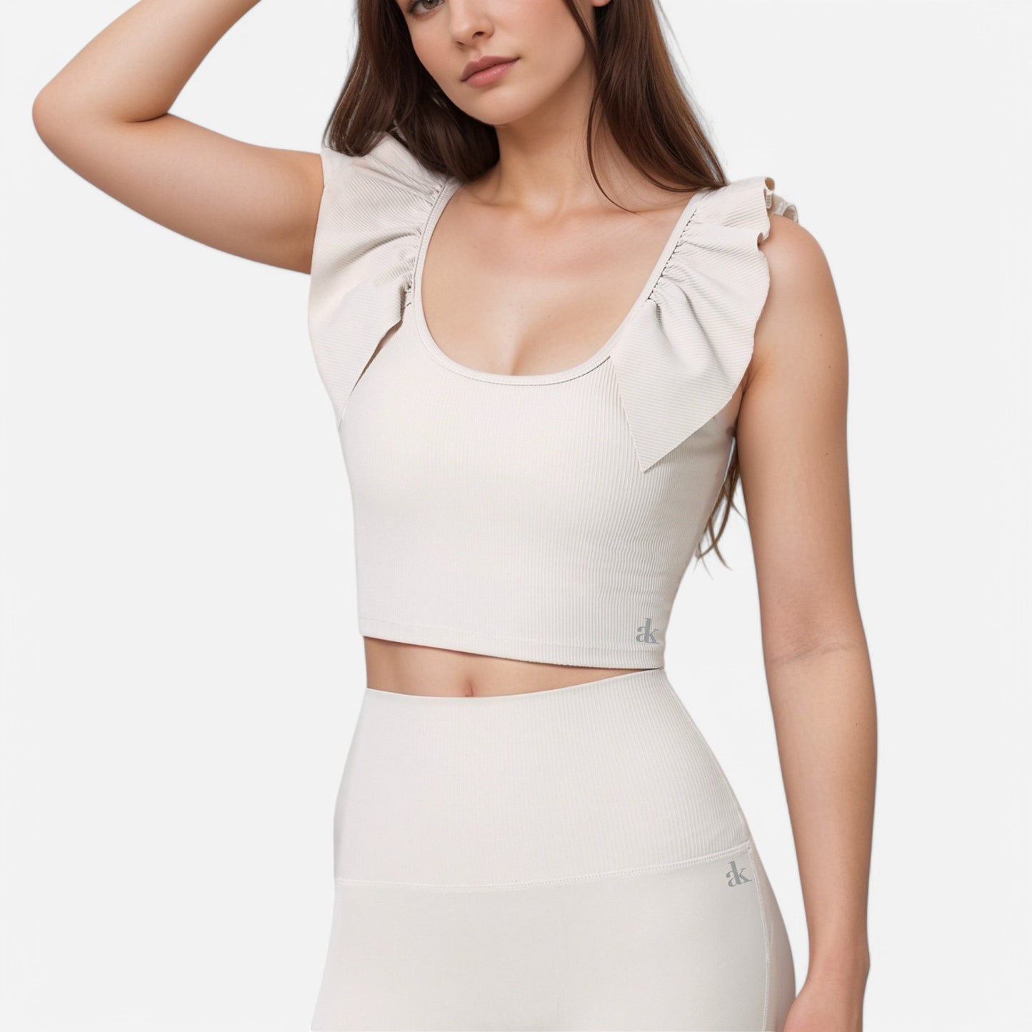 Anna-Kaci Active Women's Ribbed Scoop Neck Crop Top with Flutter Shoulder Details and Seamless Fitted Design