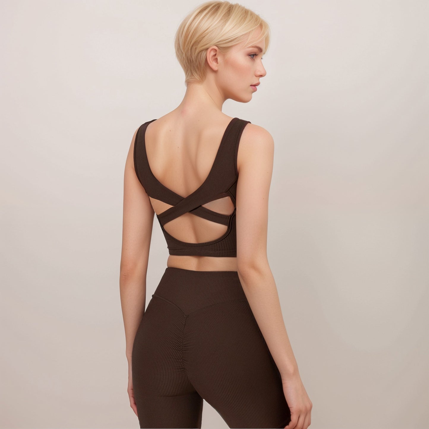 Anna-Kaci Active Women's Ribbed Seamless Scoop Neck Crop Top with Wide Straps and Subtle Contour Stitching