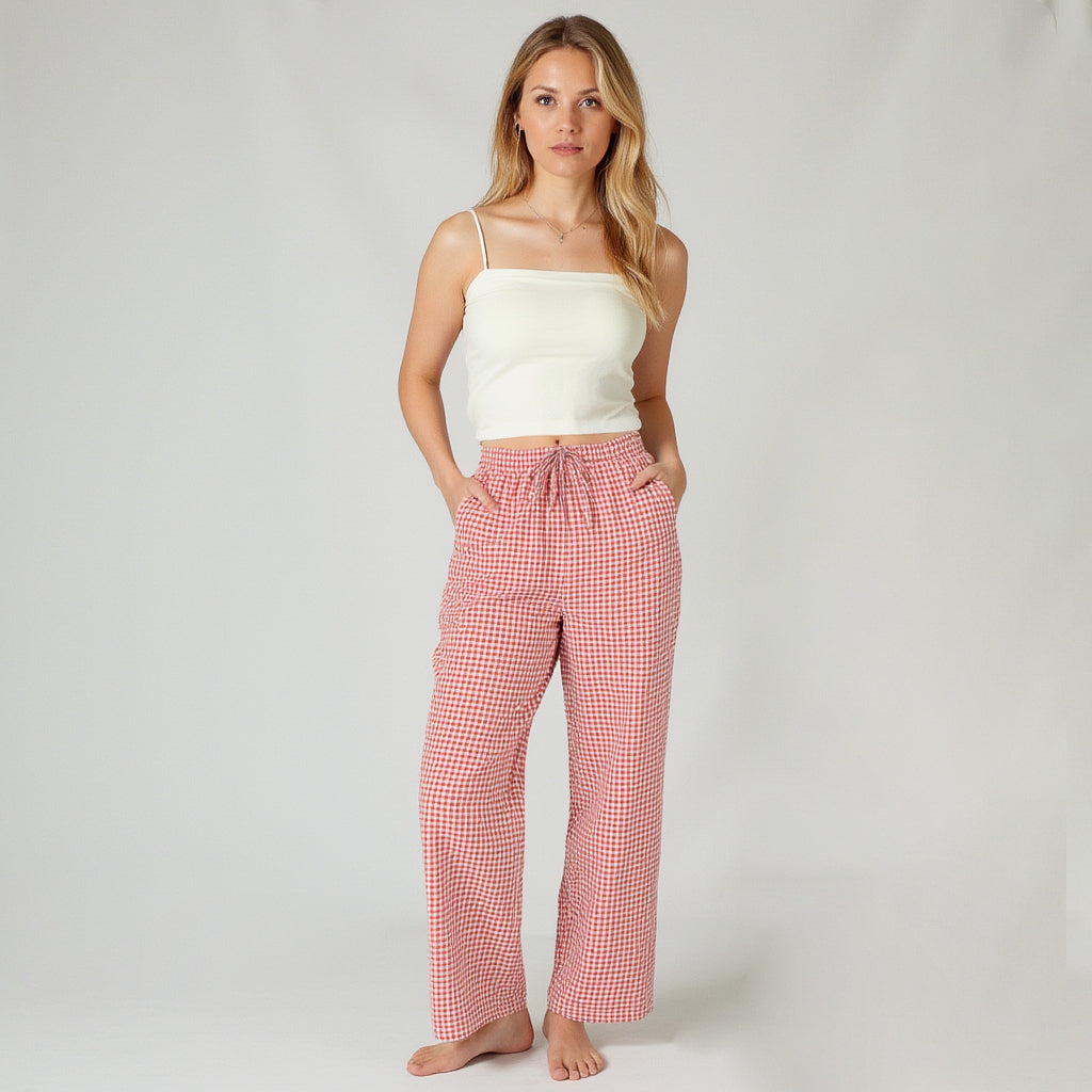 Anna-Kaci Lounge Women's Gingham Print Pajama Pants with High Waist Elastic Drawstring and Relaxed Straight Leg Fit