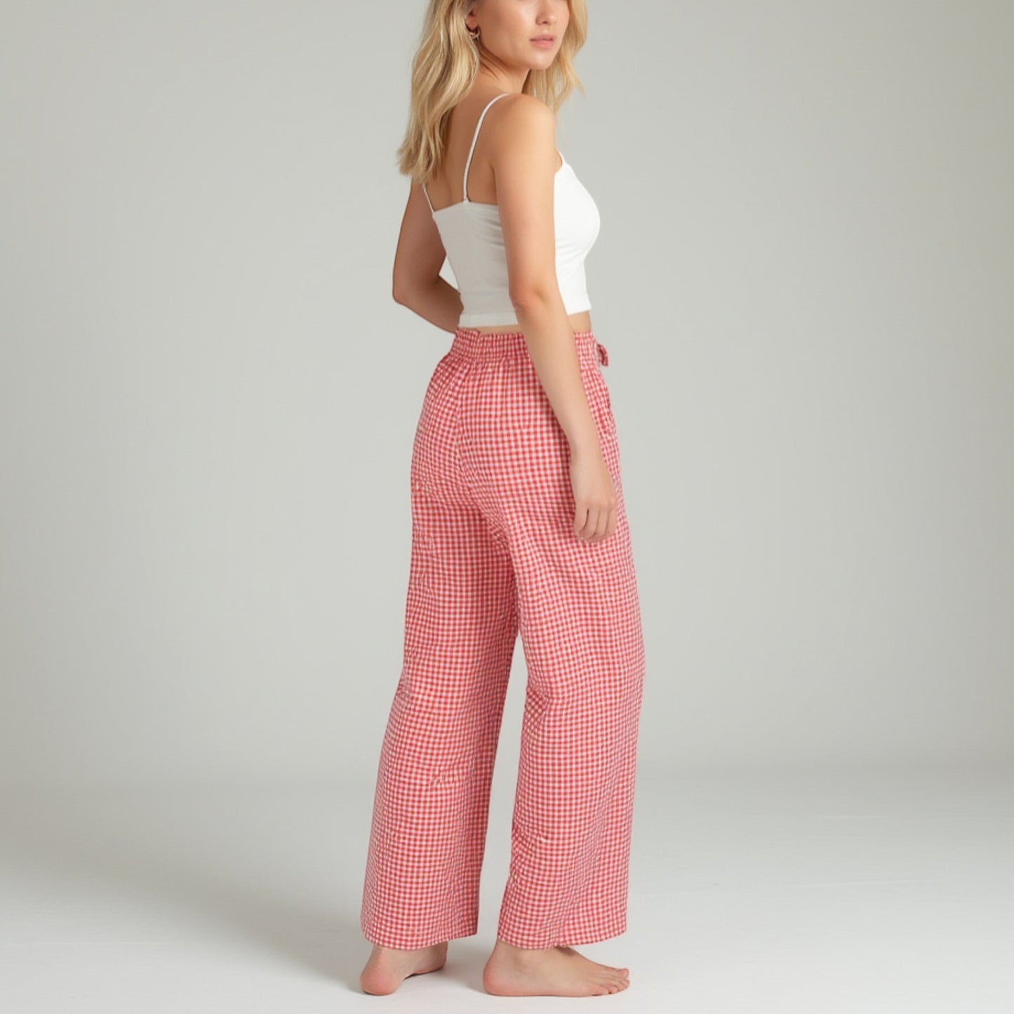 Anna-Kaci Lounge Women's Gingham Print Pajama Pants with High Waist Elastic Drawstring and Relaxed Straight Leg Fit