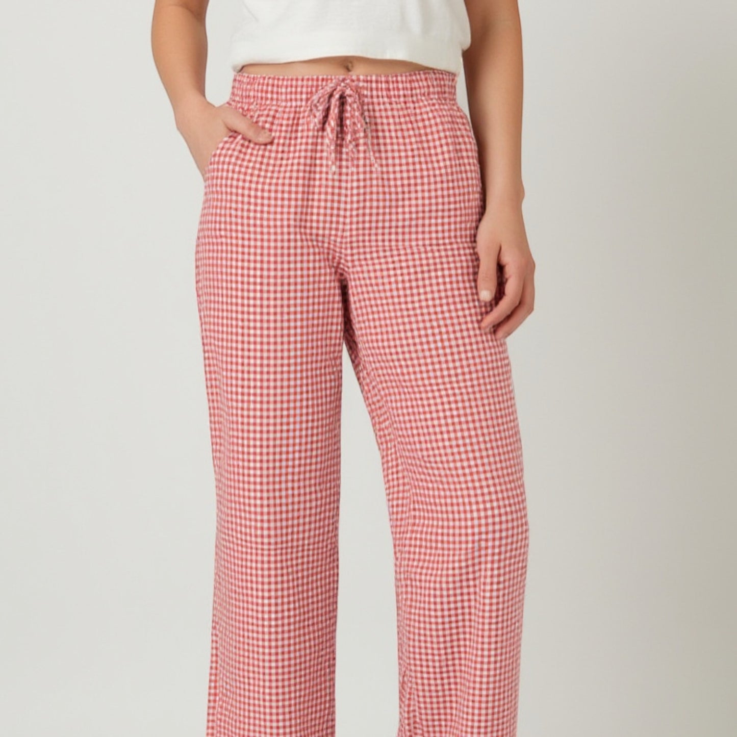 Anna-Kaci Lounge Women's Gingham Print Pajama Pants with High Waist Elastic Drawstring and Relaxed Straight Leg Fit