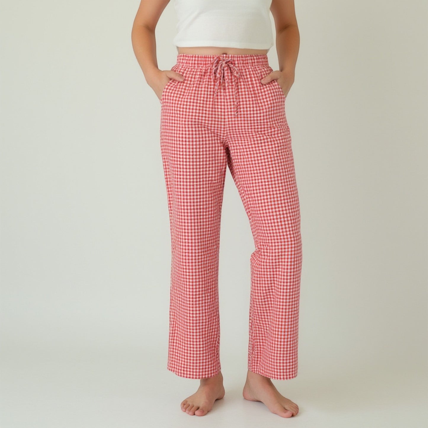 Anna-Kaci Lounge Women's Gingham Print Pajama Pants with High Waist Elastic Drawstring and Relaxed Straight Leg Fit