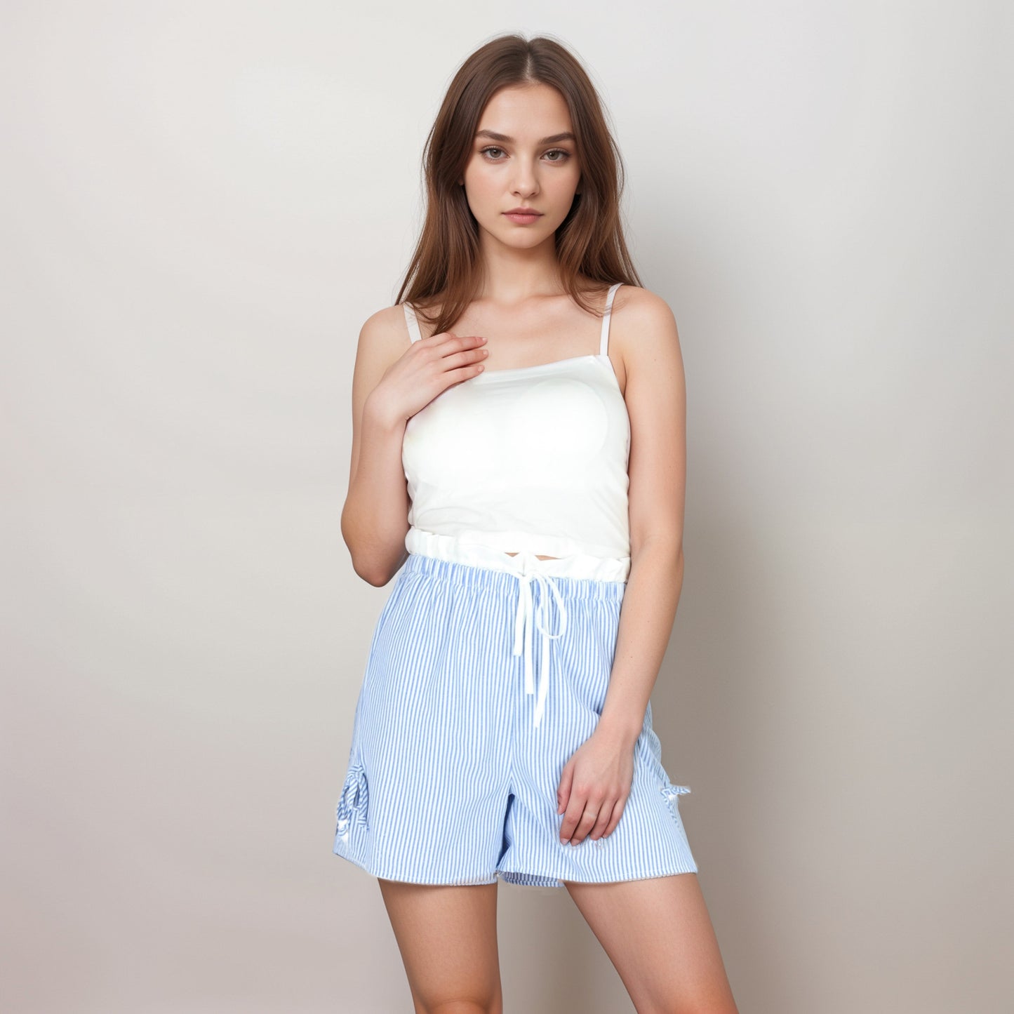 Anna-Kaci Women's Striped High Waist Shorts with Ruffle Paperbag Waistband Adjustable Drawstring and Side Bow Details