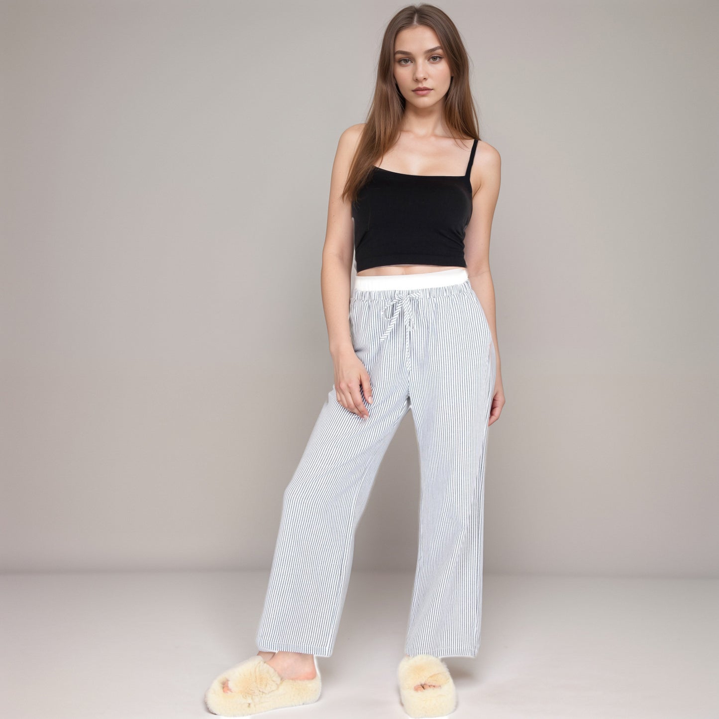 Anna-Kaci Women's Striped Wide Leg Lounge Pants with Elastic Waistband Adjustable Drawstring and Relaxed Full-Length Fit