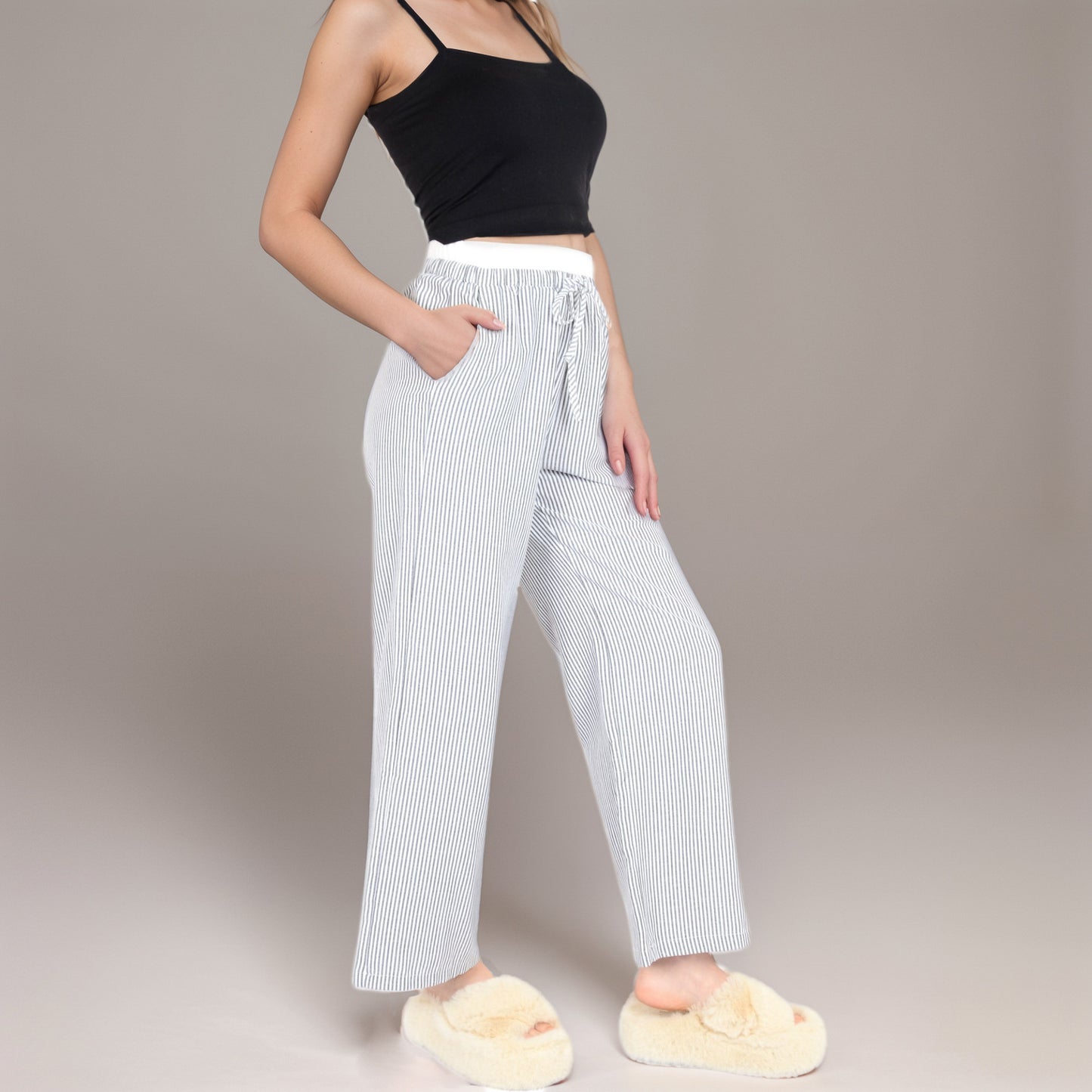 Anna-Kaci Women's Striped Wide Leg Lounge Pants with Elastic Waistband Adjustable Drawstring and Relaxed Full-Length Fit