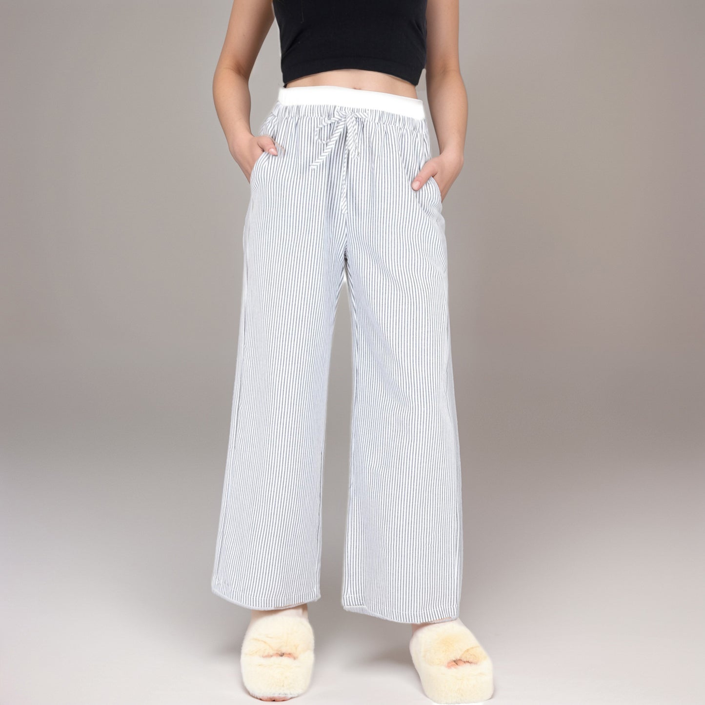Anna-Kaci Women's Striped Wide Leg Lounge Pants with Elastic Waistband Adjustable Drawstring and Relaxed Full-Length Fit