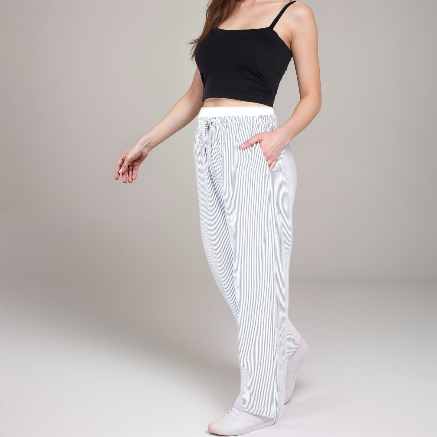 Anna-Kaci Women's Striped Wide Leg Lounge Pants with Elastic Waistband Adjustable Drawstring and Relaxed Full-Length Fit