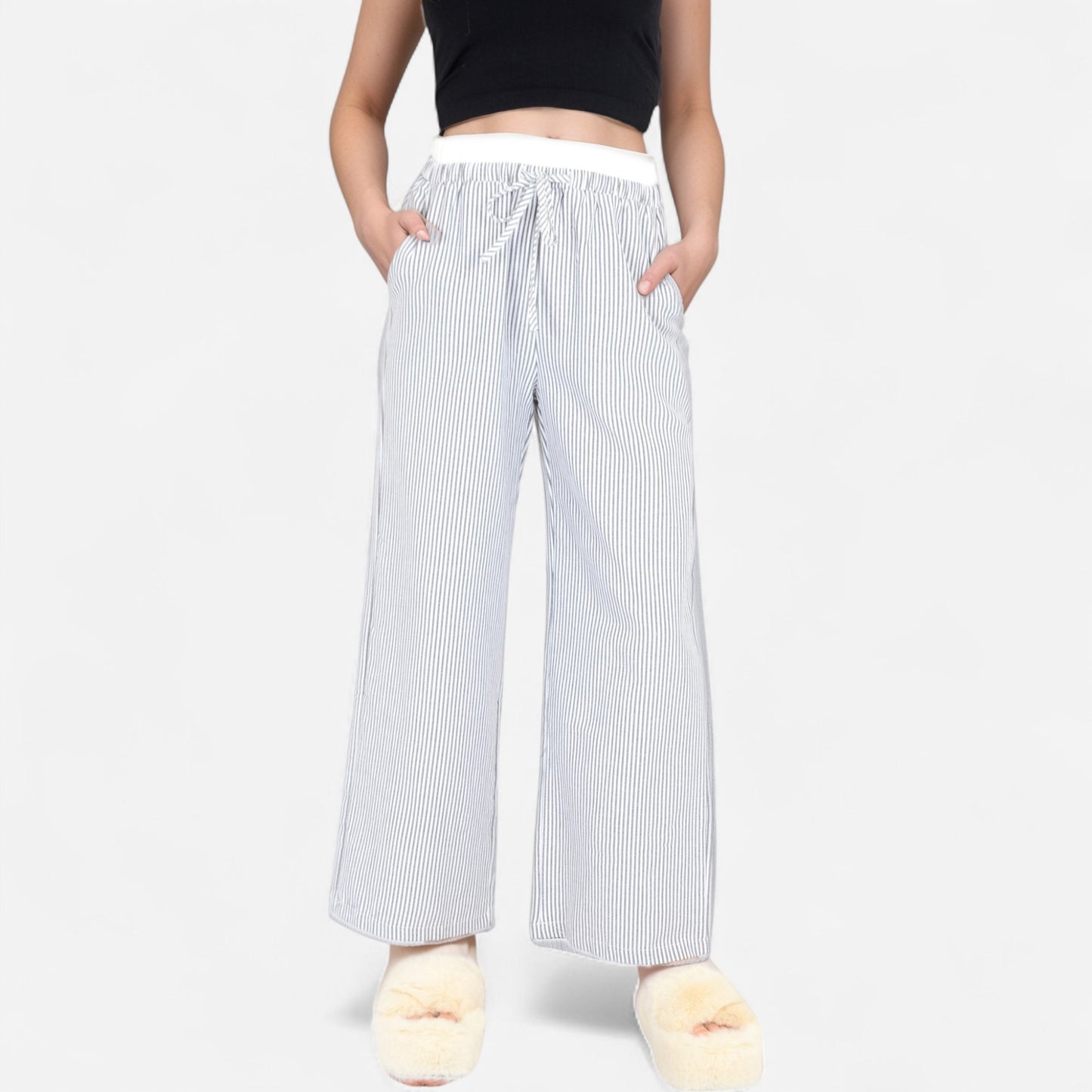 Anna-Kaci Women's Striped Wide Leg Lounge Pants with Elastic Waistband Adjustable Drawstring and Relaxed Full-Length Fit