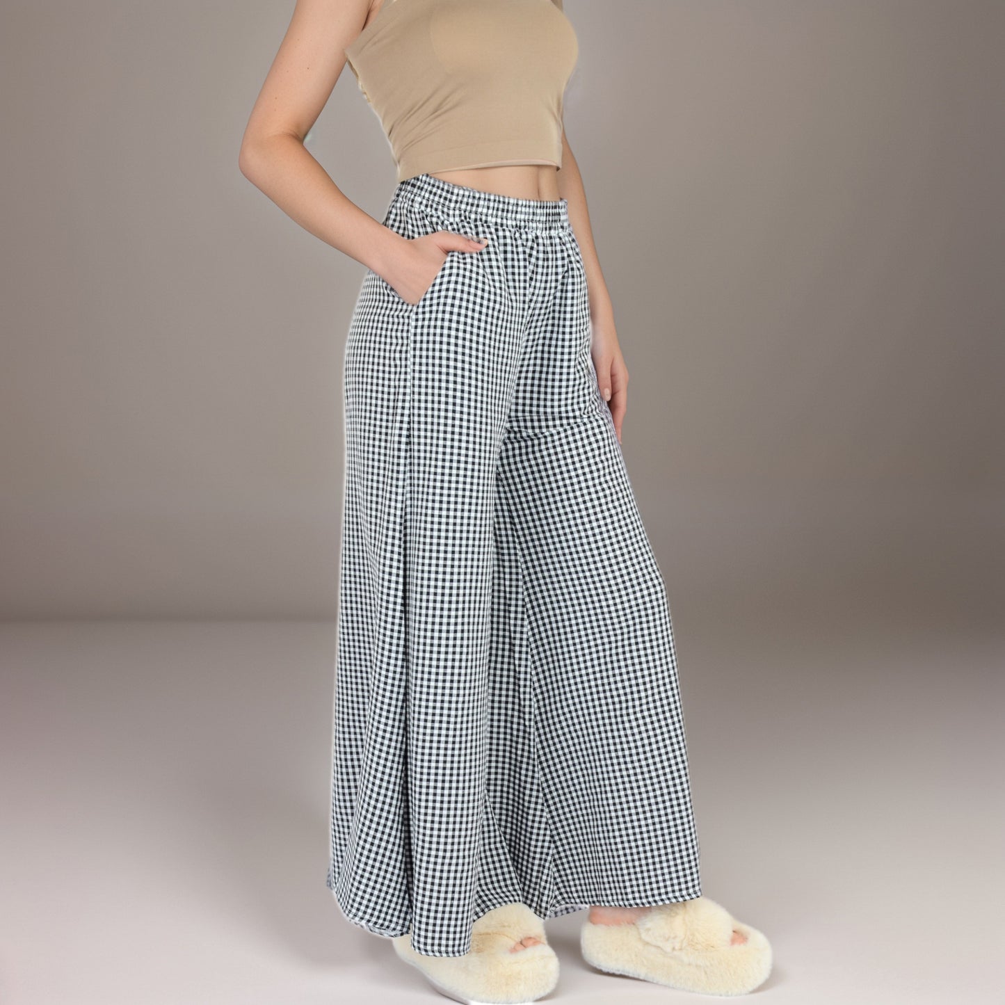 Anna-Kaci Women's Gingham Wide Leg Lounge Pants with Elastic Waistband Side Pockets and Soft Draped Full-Length Fit