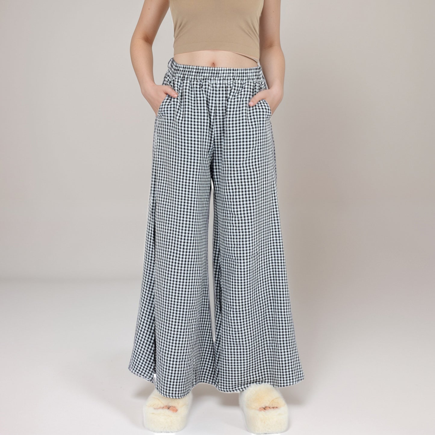 Anna-Kaci Women's Gingham Wide Leg Lounge Pants with Elastic Waistband Side Pockets and Soft Draped Full-Length Fit